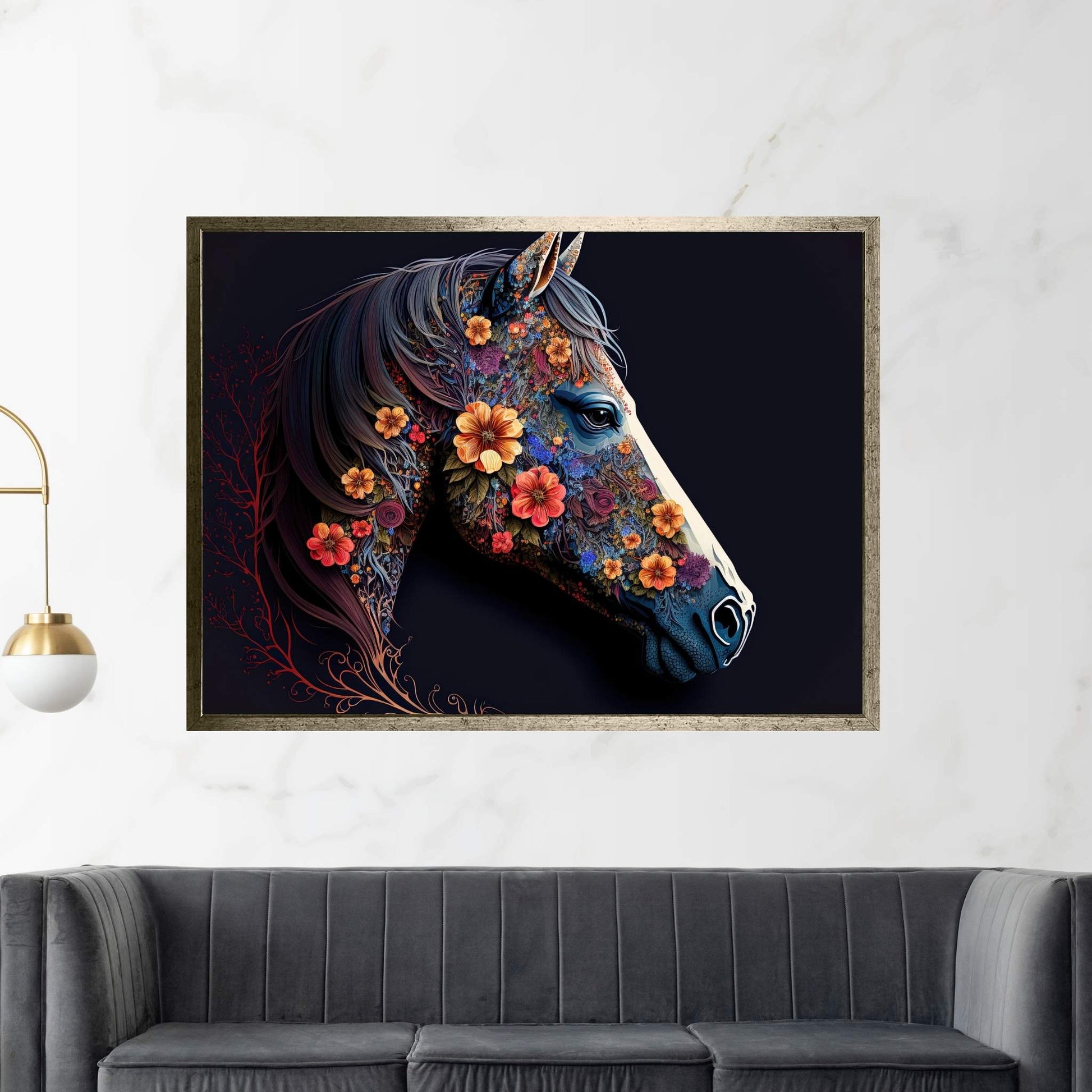 Beautiful Colorful Black Horse Flower Canvas Wall Art , Animal Wall Art - Y Canvas