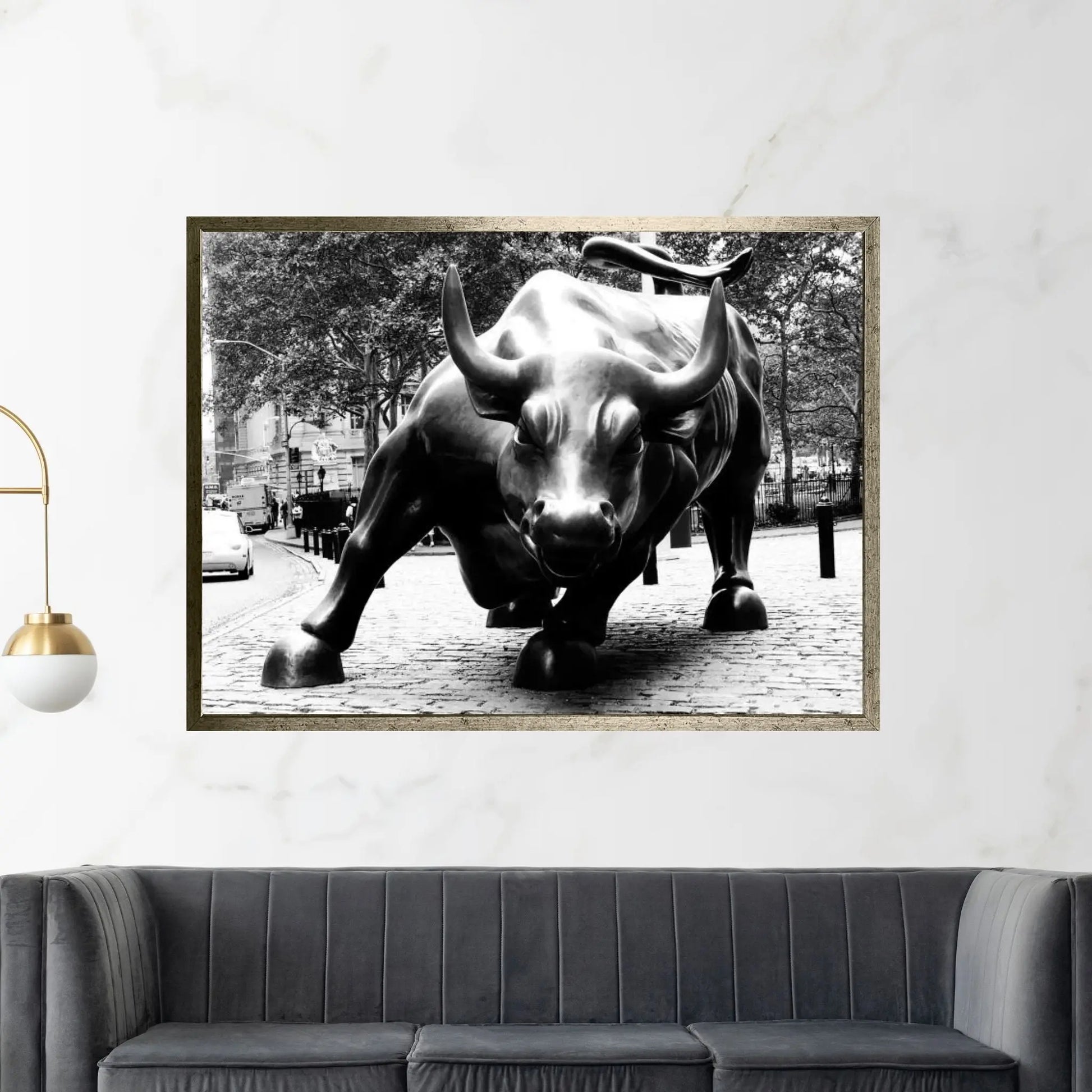 Wall Street Bull Black & White Canvas Wall Art - Y Canvas