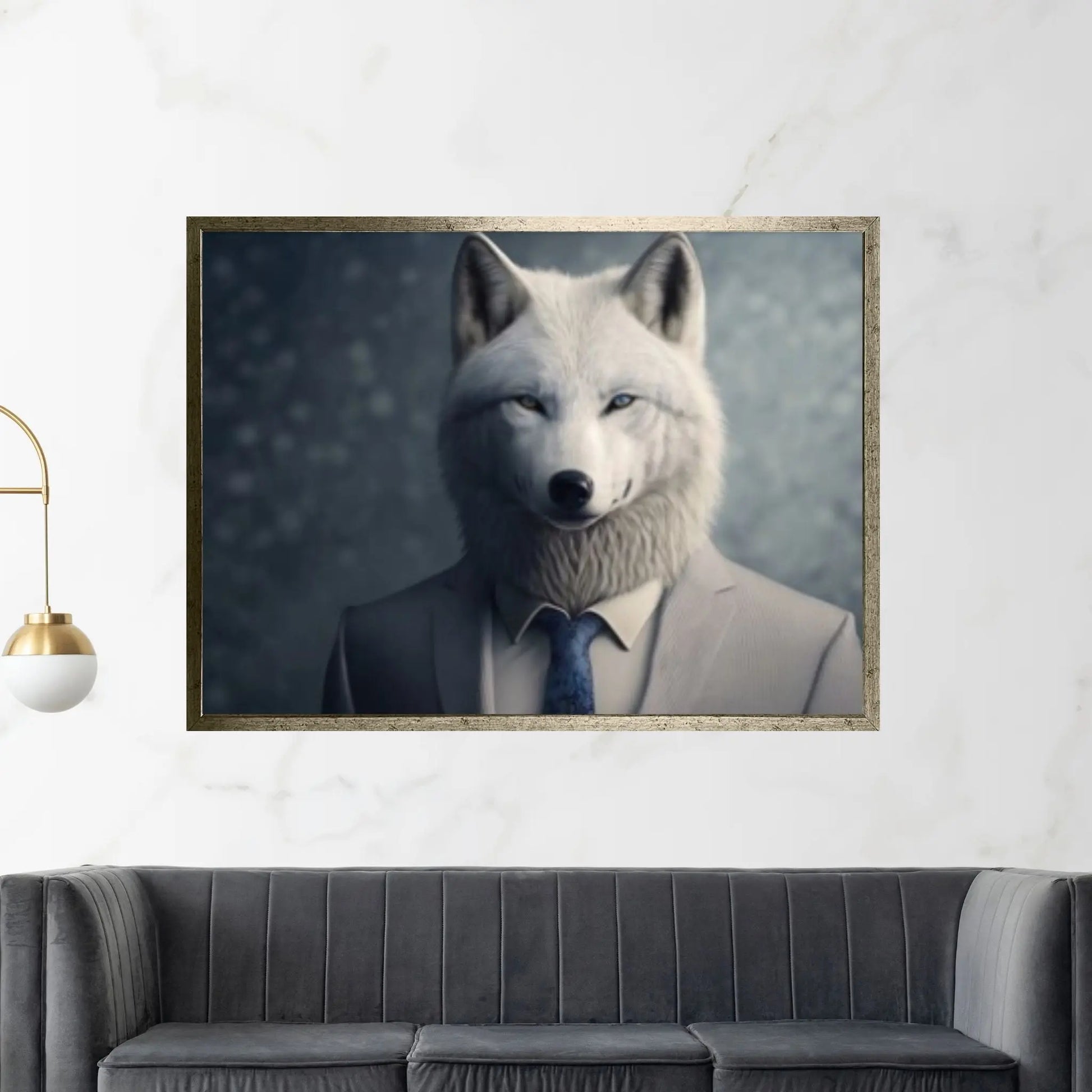 Wolf Canvas Wall Art - Portrait of a white wolf dressed in a formal business suit - Y Canvas