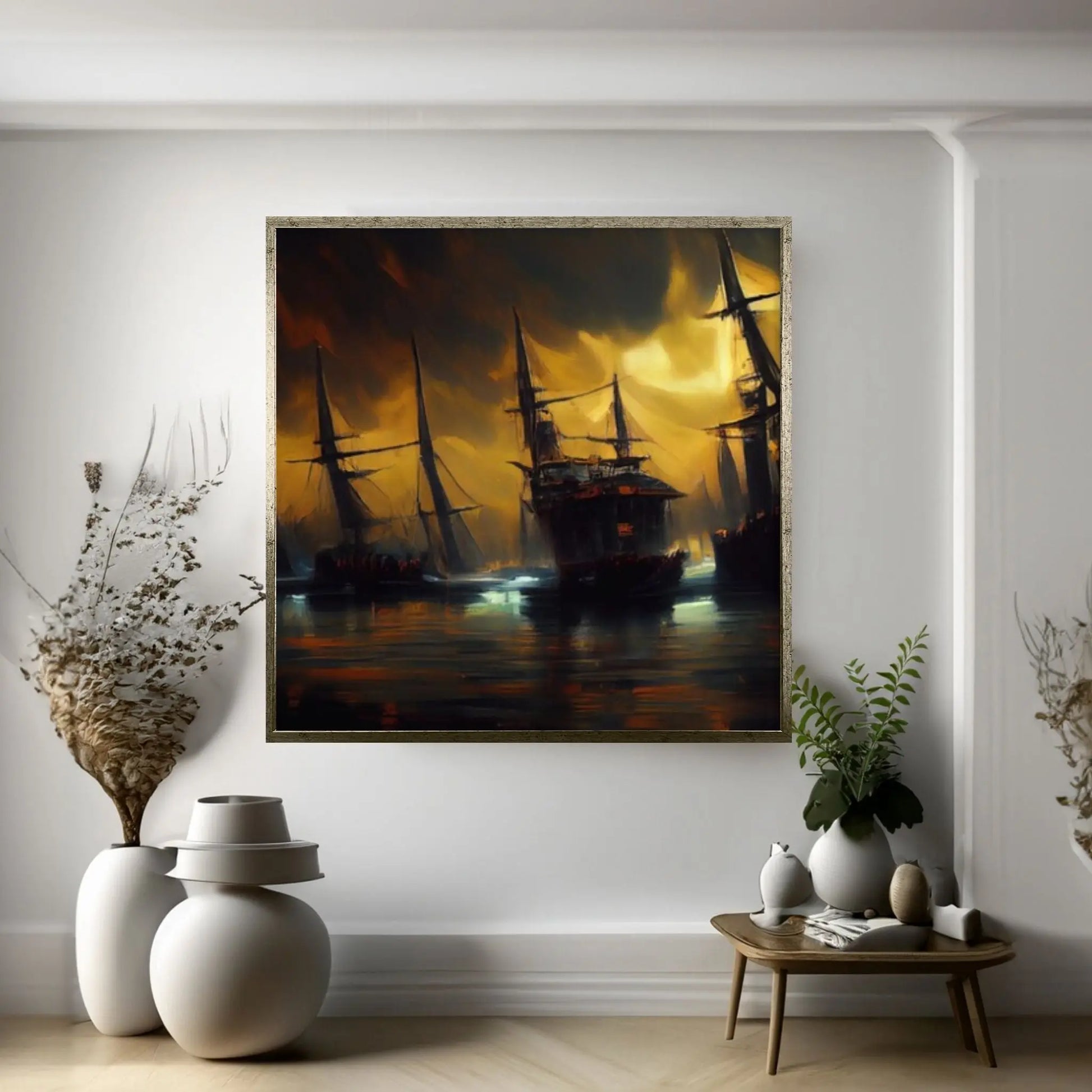 Large Dark Sea Pirates Ship Canvas Wall Art, Pirates Canvas Wall Print, Corsair on Sea Wall Hangings, Dark Colours Boat Room Decor - Y Canvas