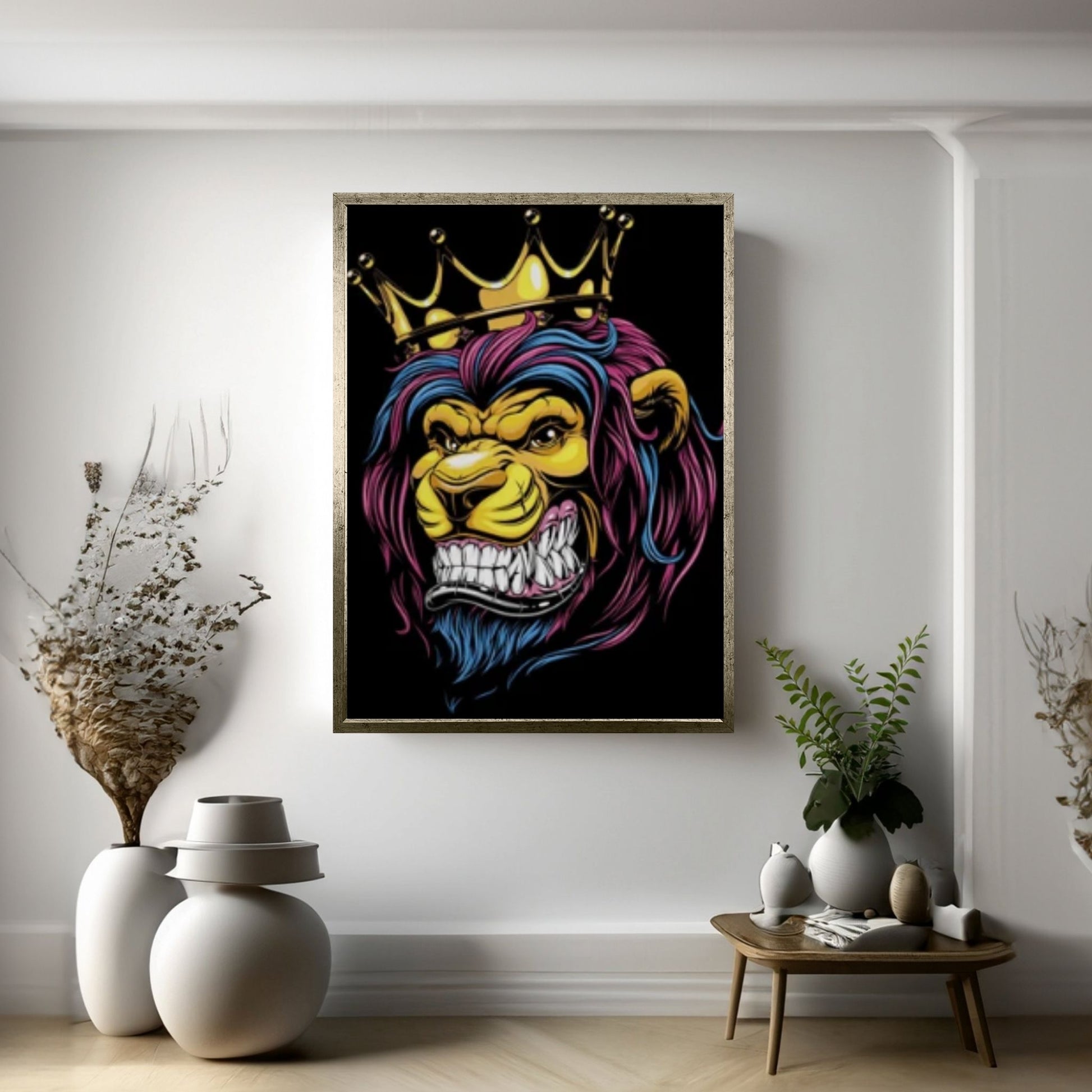 African King Banksy Cartoon Lion Canvas Wall Art - Y Canvas