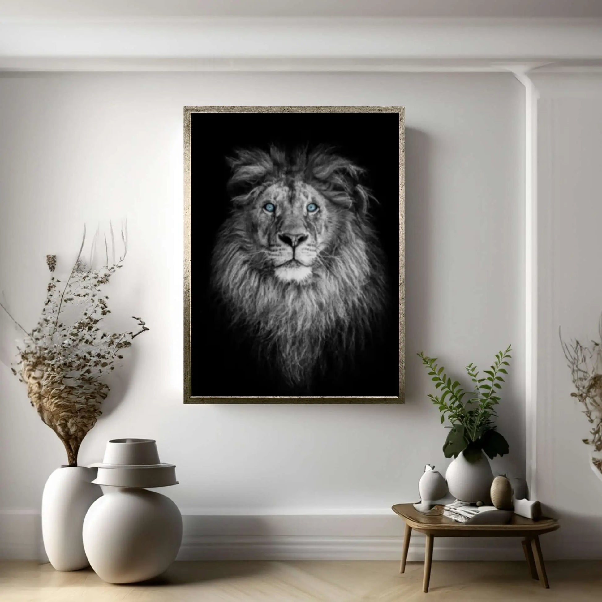 African Lion Canvas Wall Art, Lion wall art, black and white blue eyes lion Canvas Print - Y Canvas