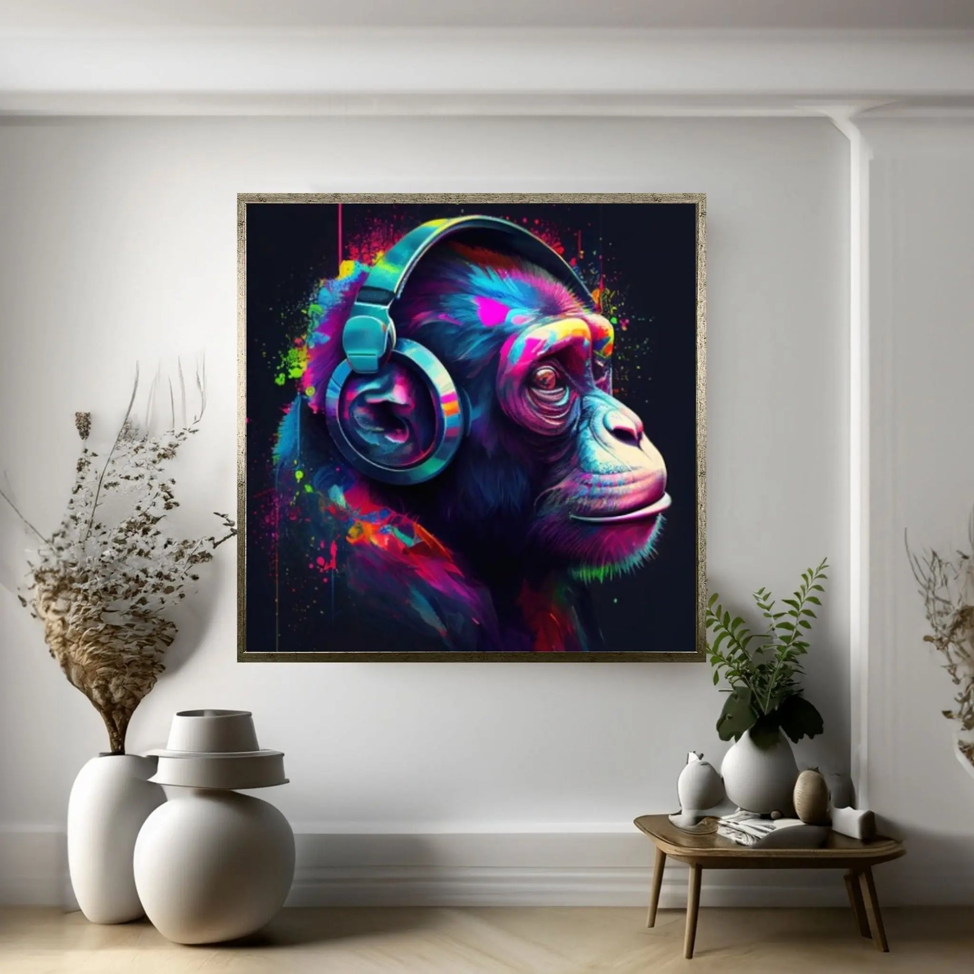 Monkey Headphones Canvas Wall Art, Abstract Decor, Monkey Decor, Monkey DJ, Banksy Monkey - Y Canvas