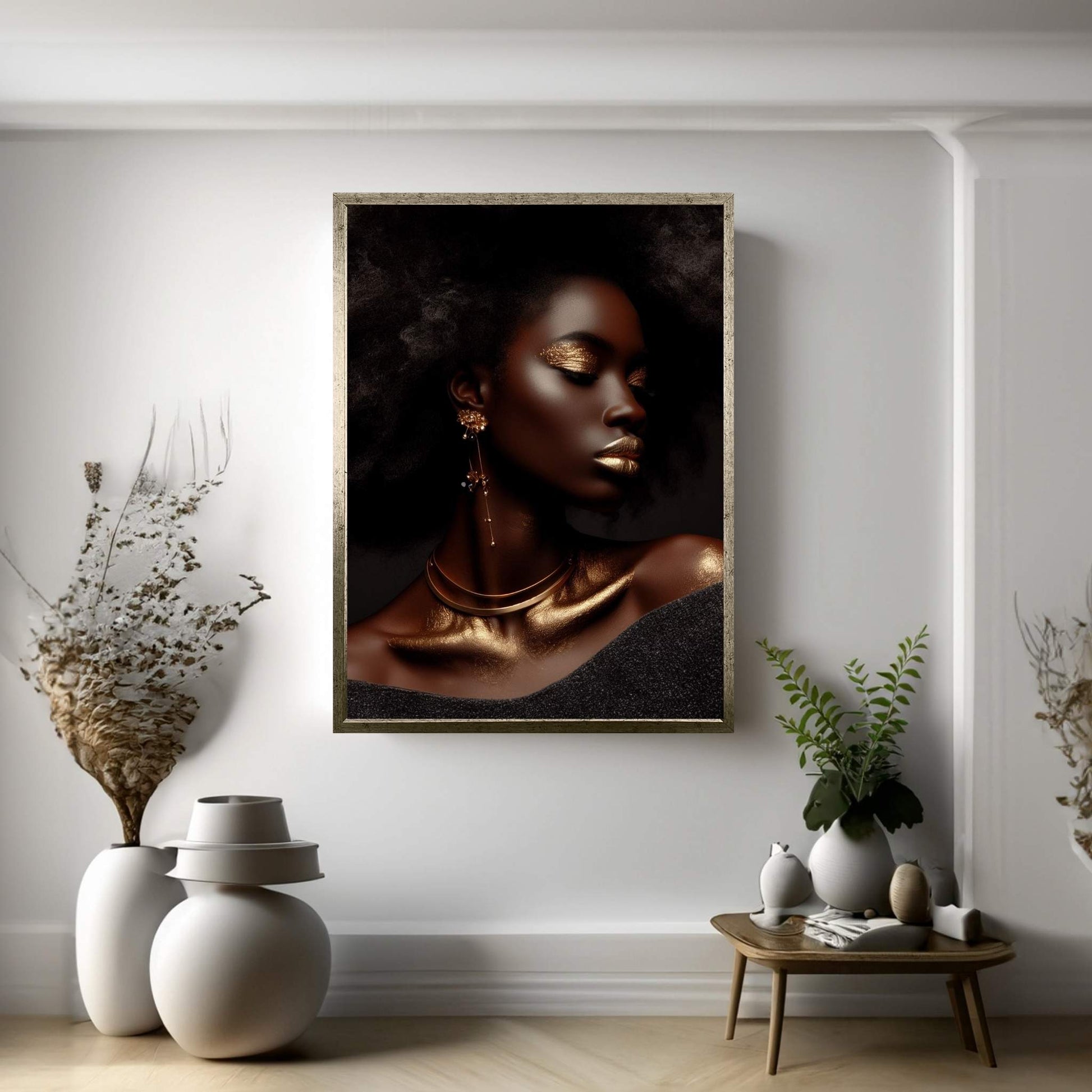 African Black Woman Gold Make-up Canvas Portrait Canvas Wall Art - Y Canvas