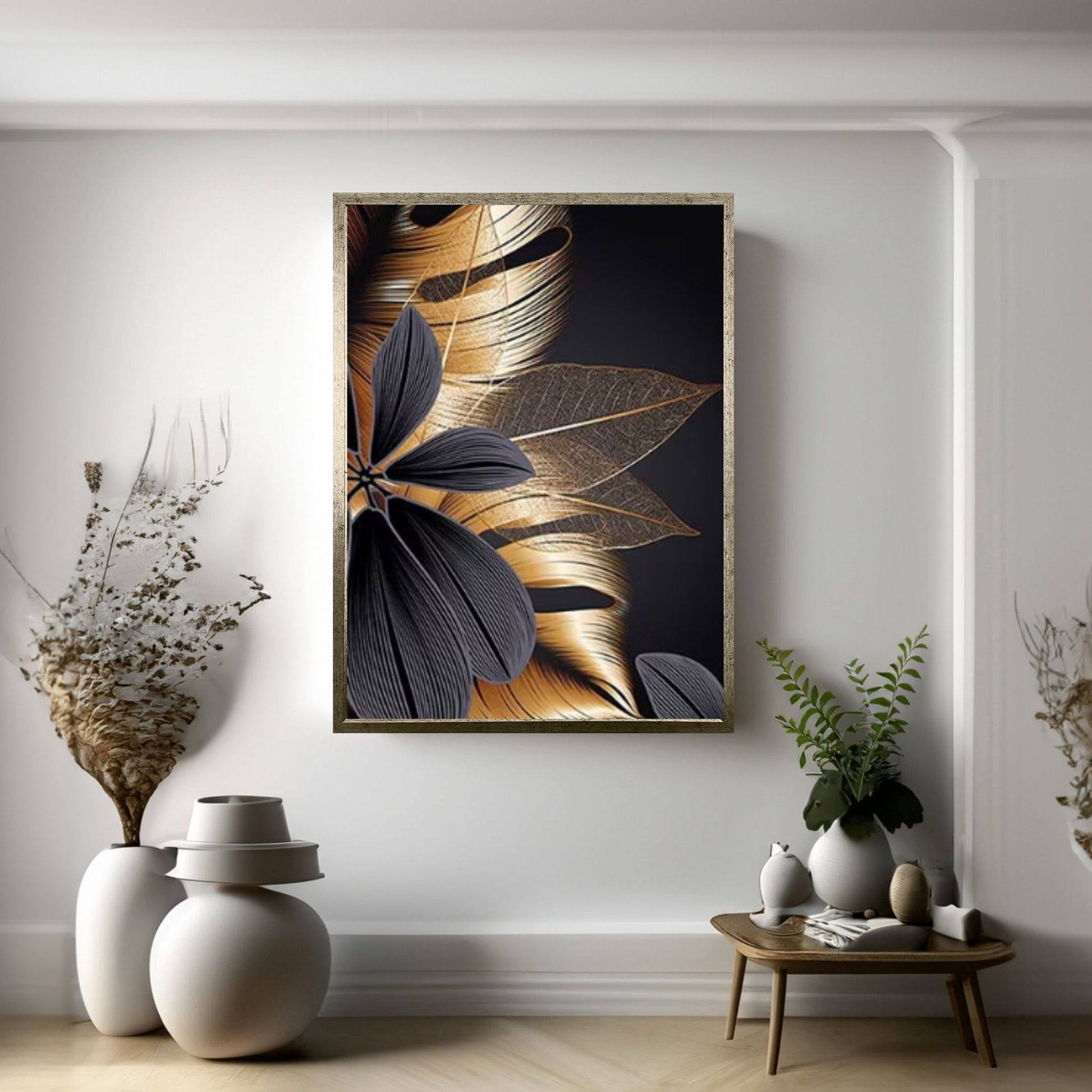 Art Painting Nordic Living Room Decoration, Black Golden Plant Leaf Canvas Poster - Y Canvas