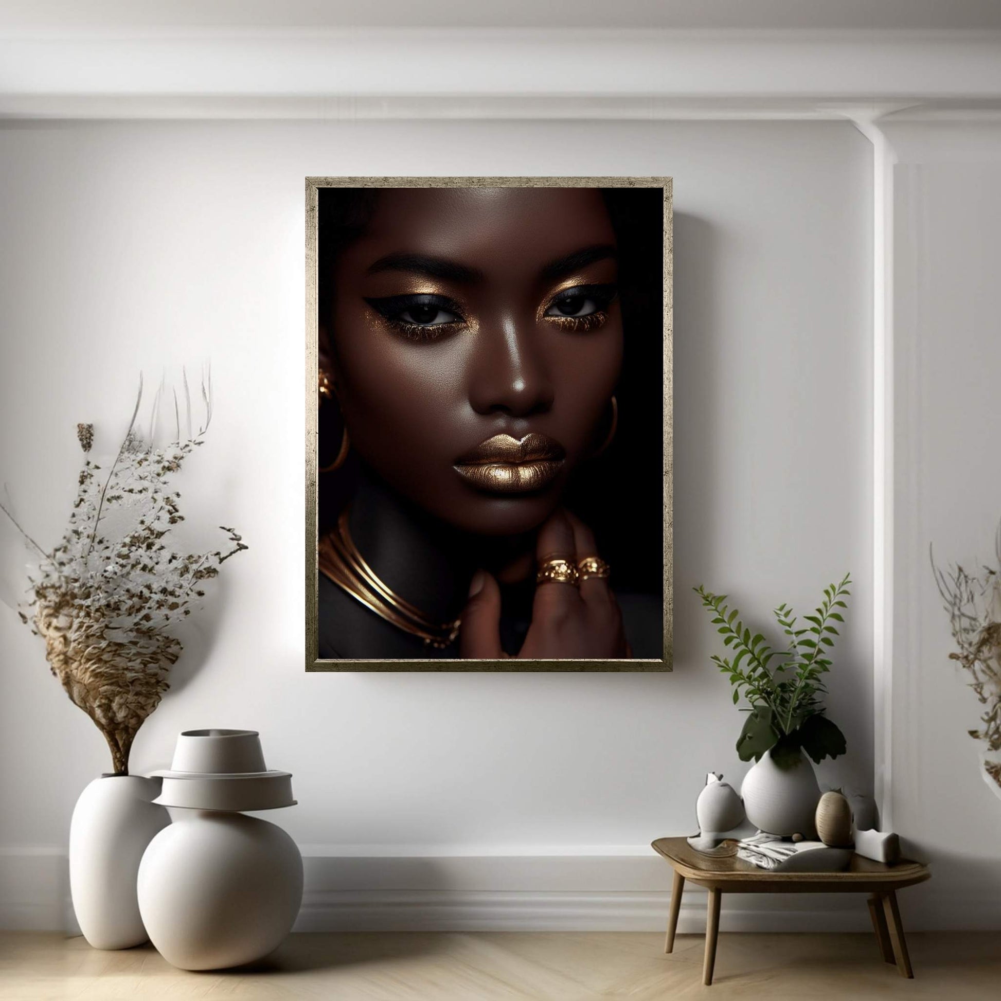 African Black Woman Gold Make-up Canvas Portrait Canvas Wall Art - Y Canvas