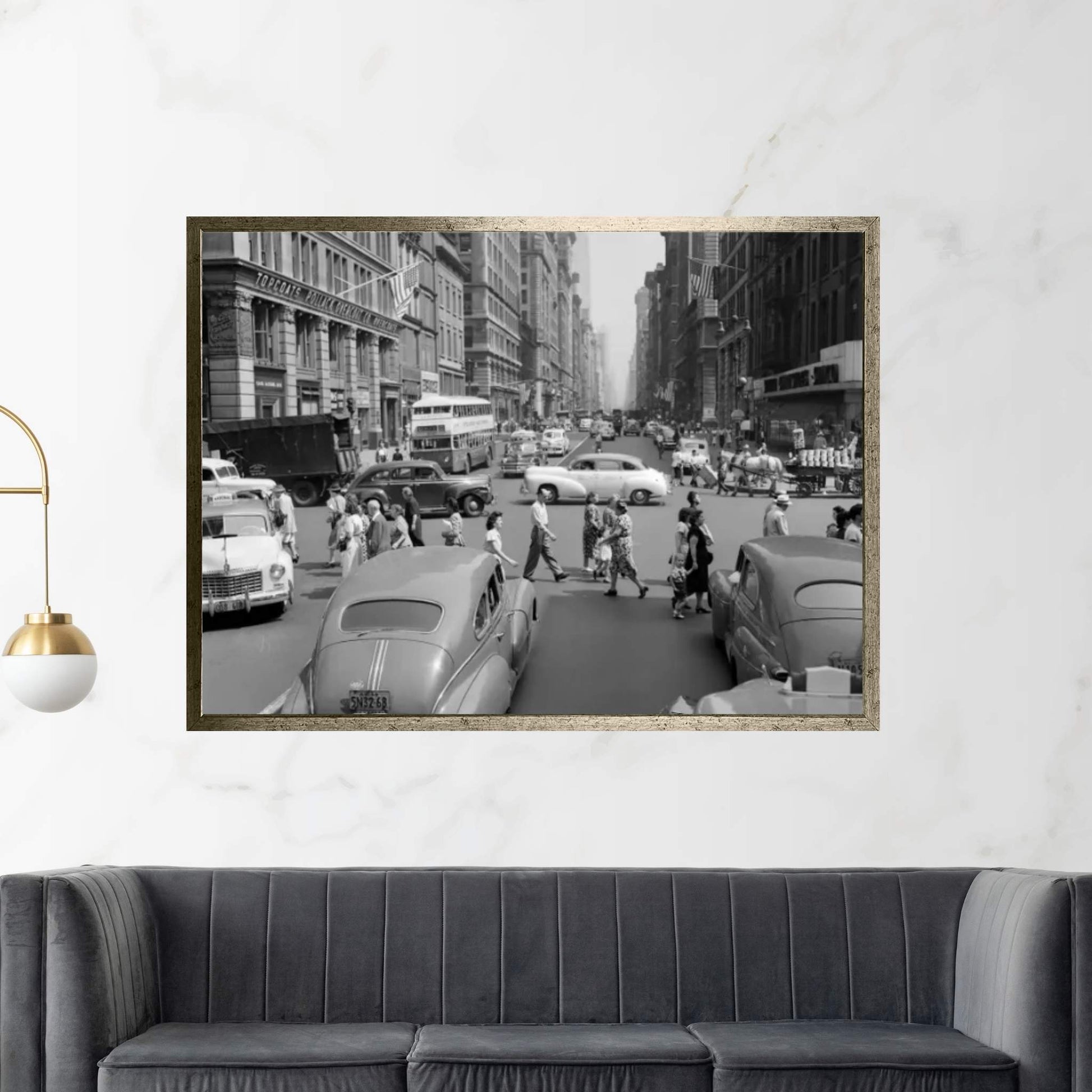 1940s-1950s Street Scene Crowds Traffic Intersection Fifth Avenue & 14th Street Manhattan NY New York City Canvas Wall Art - Y Canvas