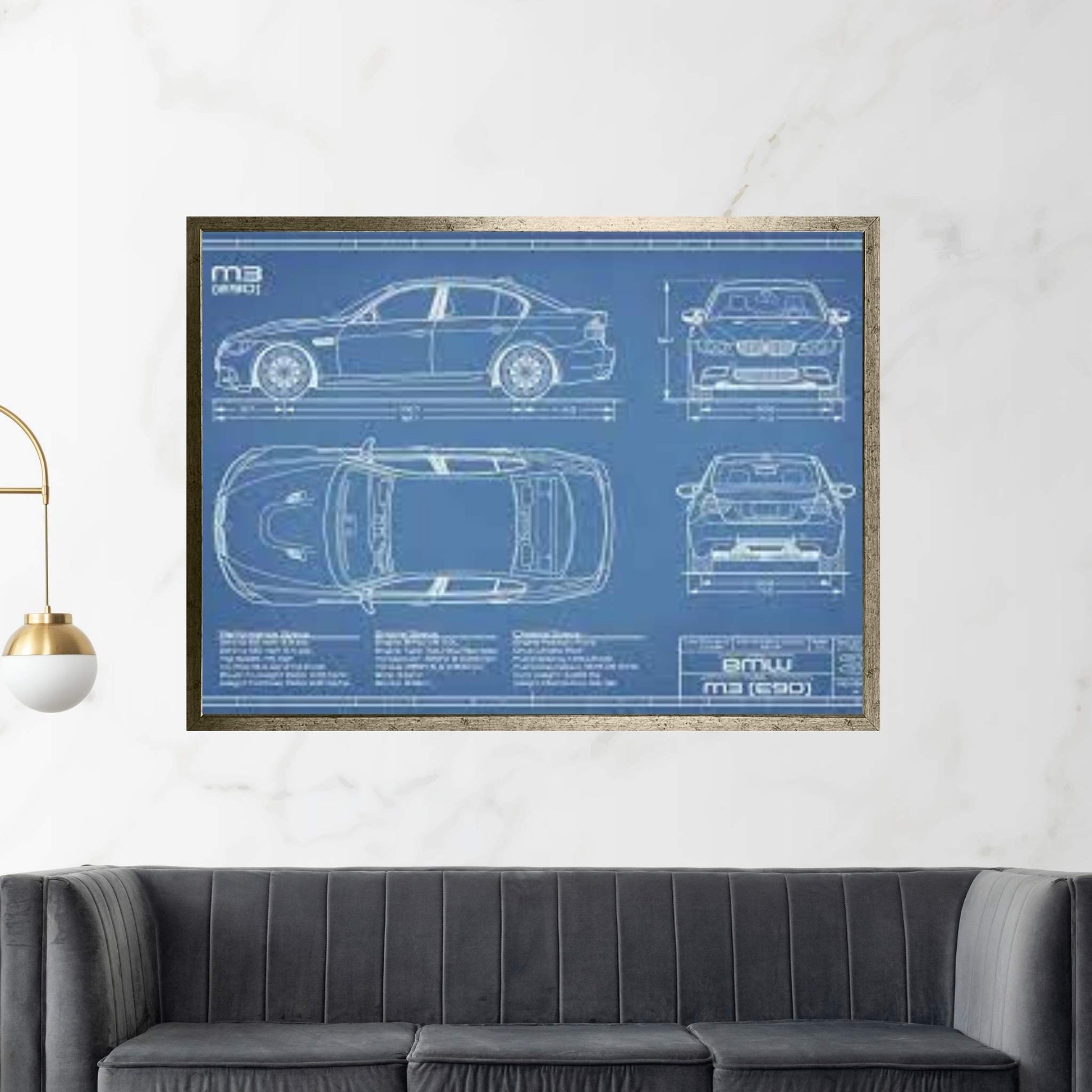 BMW M3 (E90) Blueprint Canvas Wall Art - Y Canvas