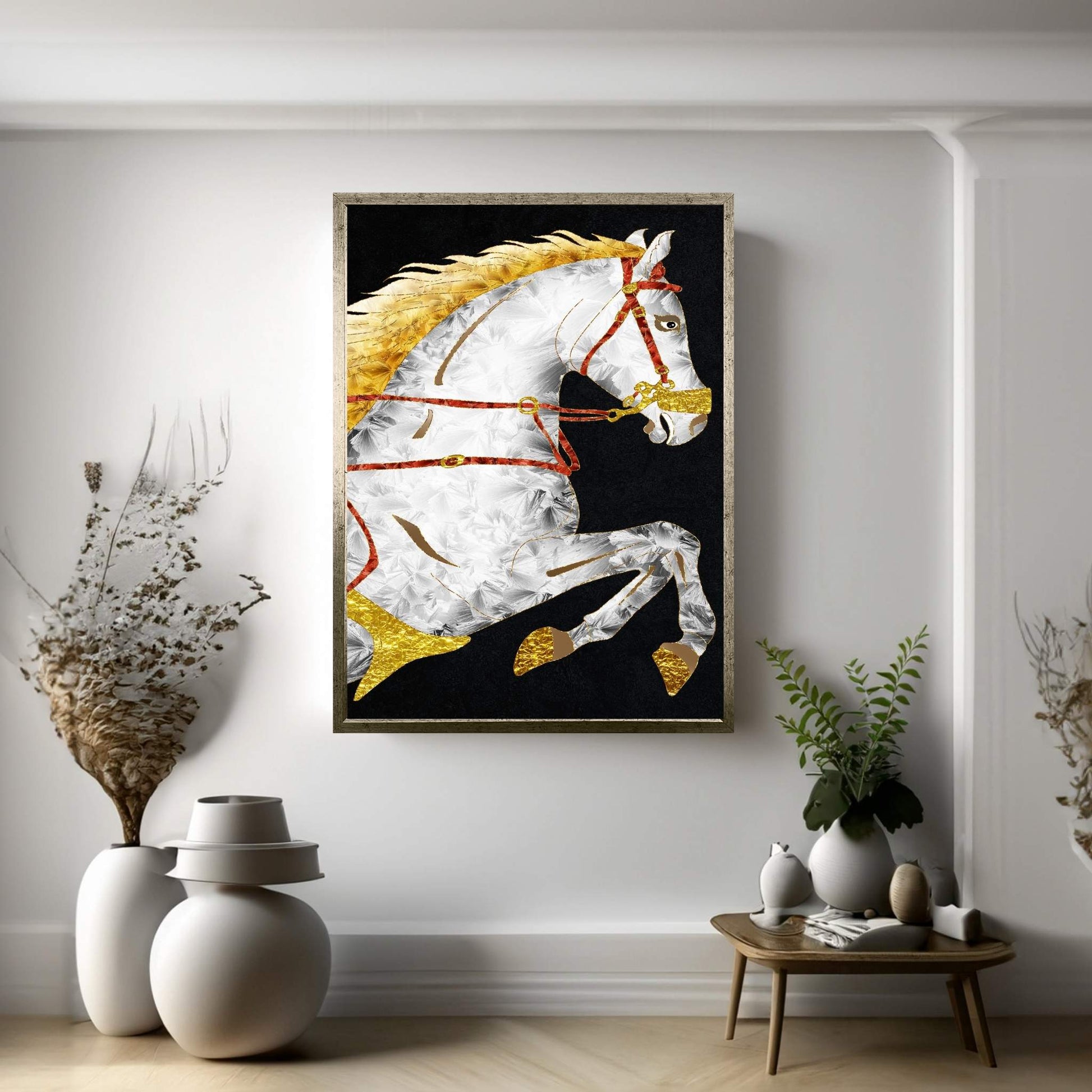 Abstract Modern White Horse with Golden Hair Canvas Wall Art - Y Canvas