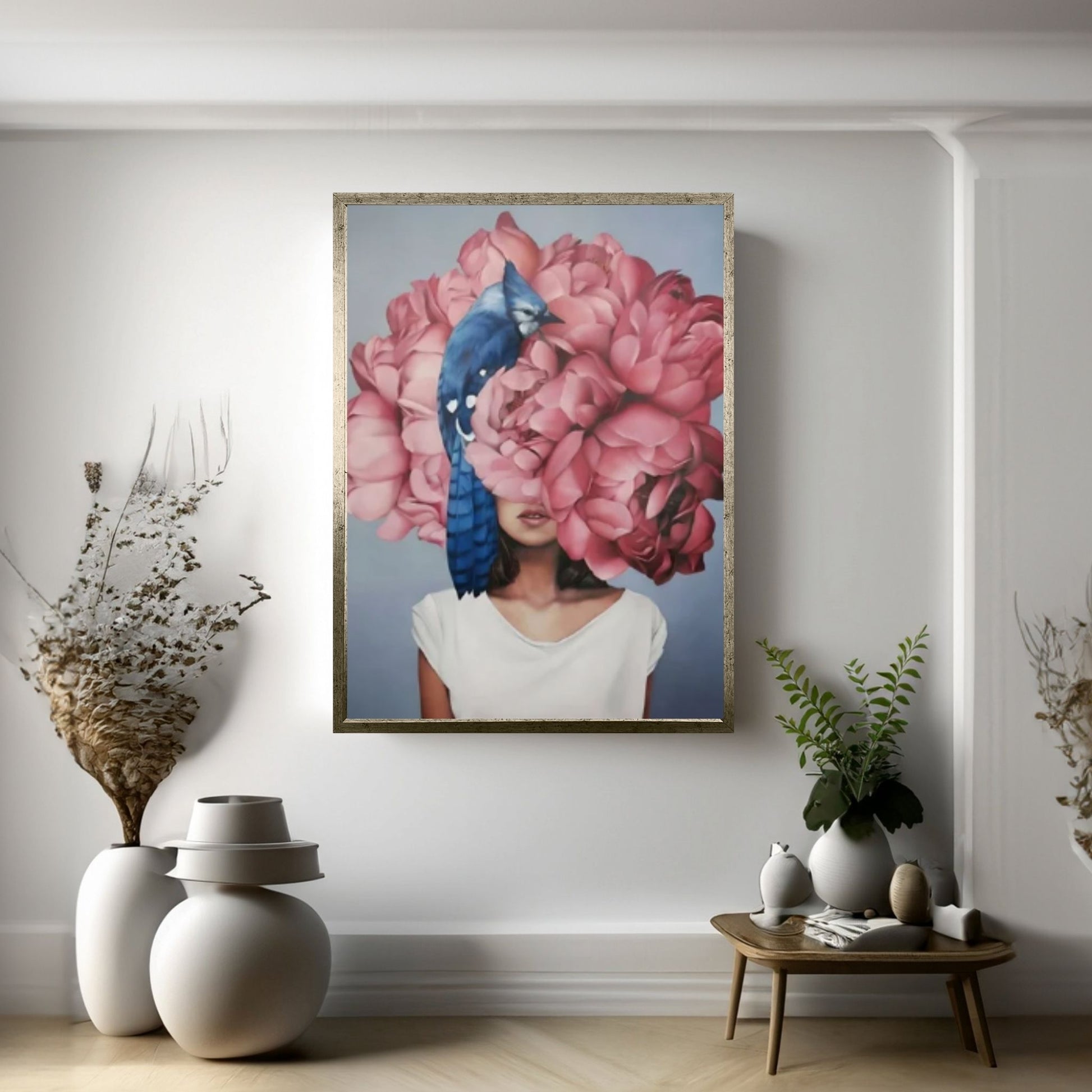 Pink Floral Woman Canvas Art, Blue Bird And Woman Wall Art, Woman with Flower and Bird Head - Y Canvas