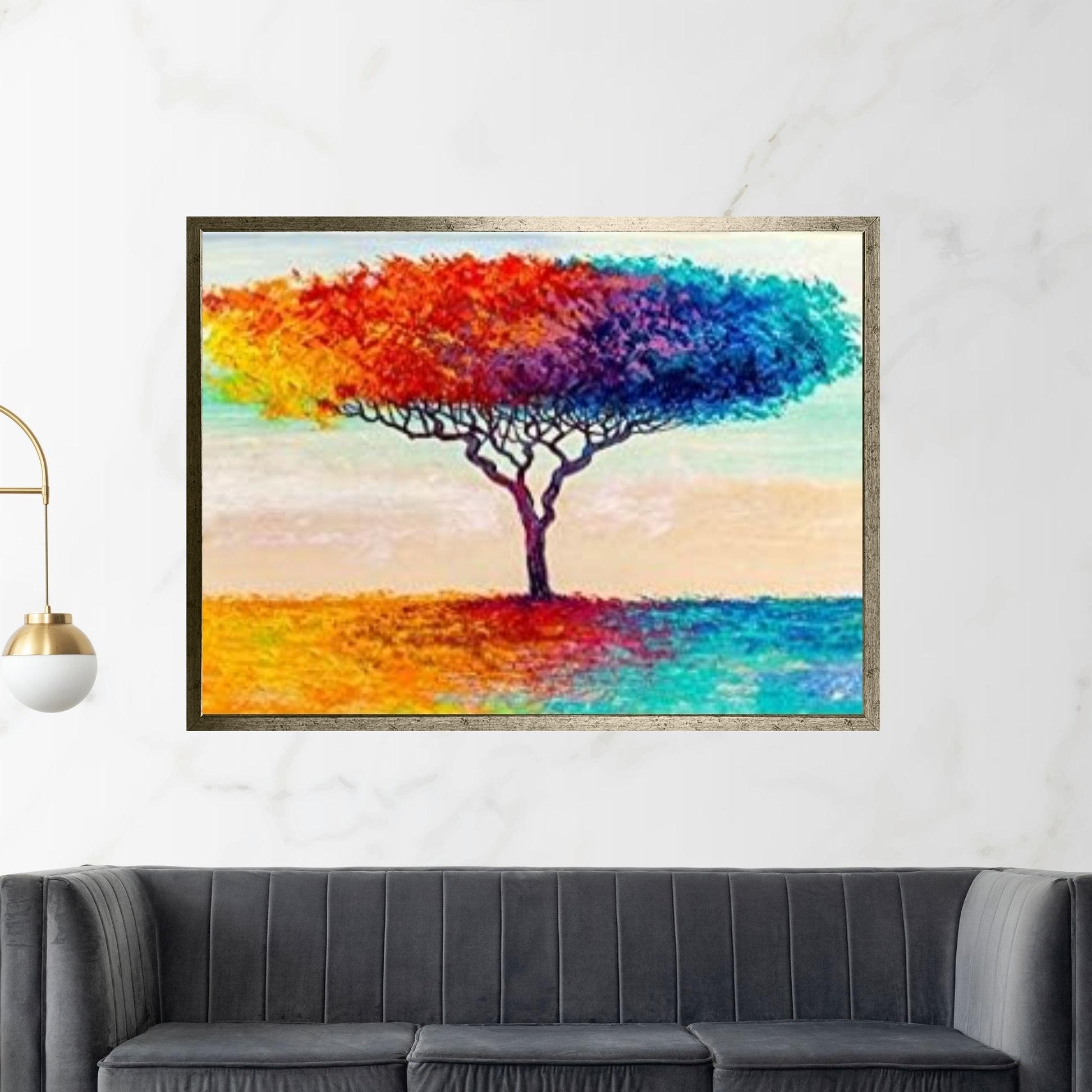 Colorful Tree Oil Painting On Canvas, Red & Blue Tree Wall Art, Custom Canvas Wall Art, Textured Wall Art - Y Canvas