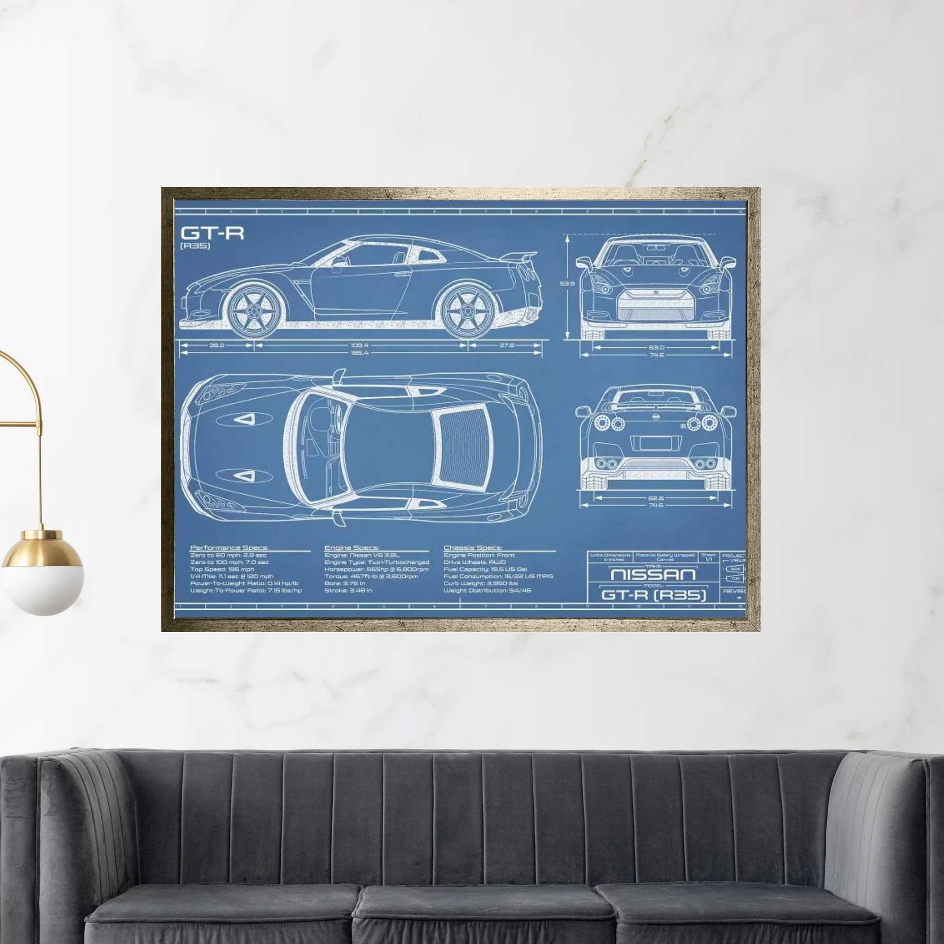 Nissan GT-R (R35) Skyline Blueprint Canvas Wall Art - Y Canvas