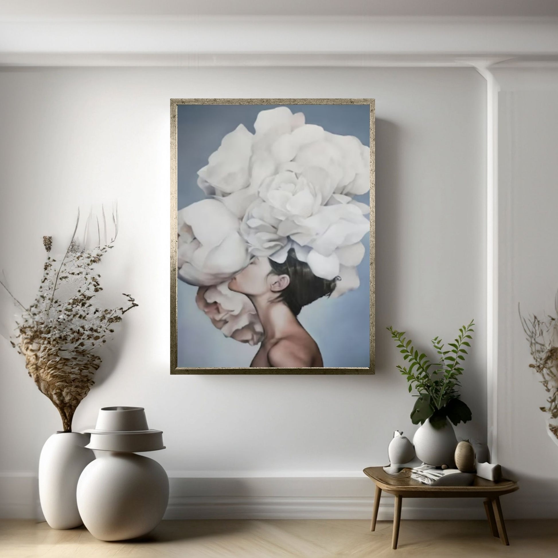 Woman and White Rose Canvas Art - Y Canvas