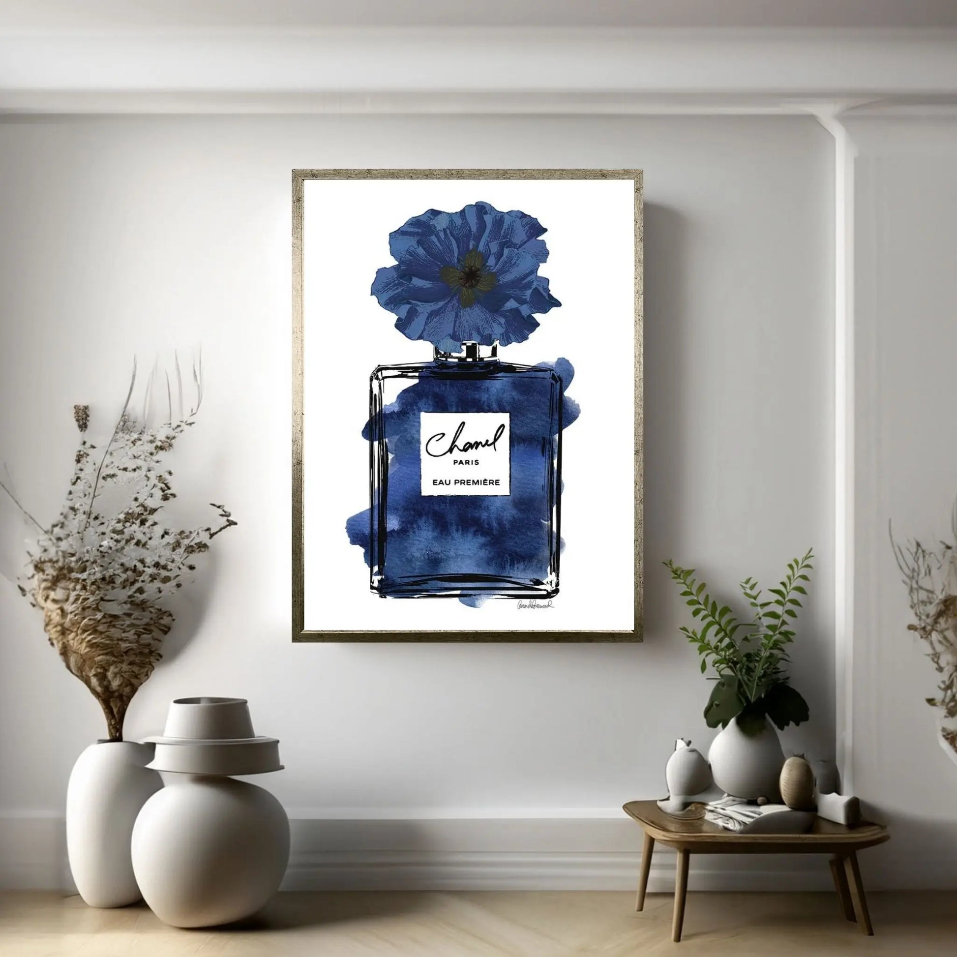 Perfume With Black & Blue Flower Canvas Wall Art - Y Canvas