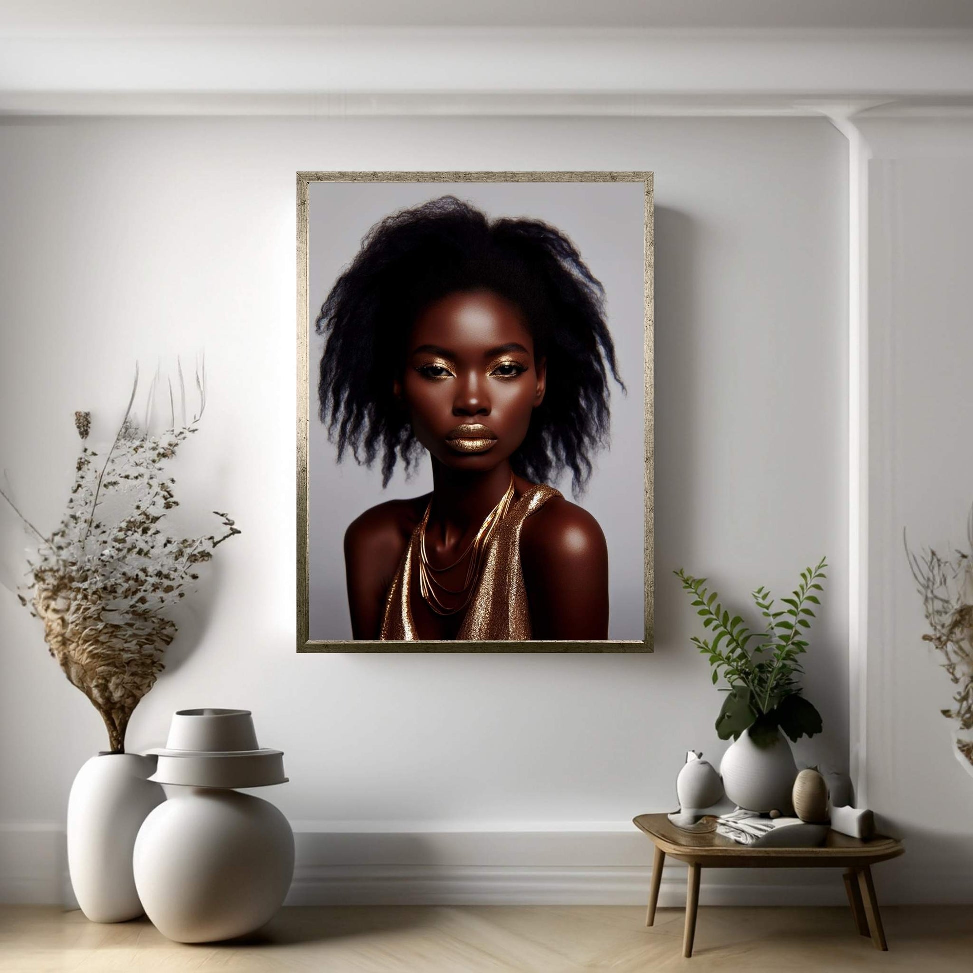 African Black Woman Gold Make-up Canvas Portrait Canvas Wall Art - Y Canvas