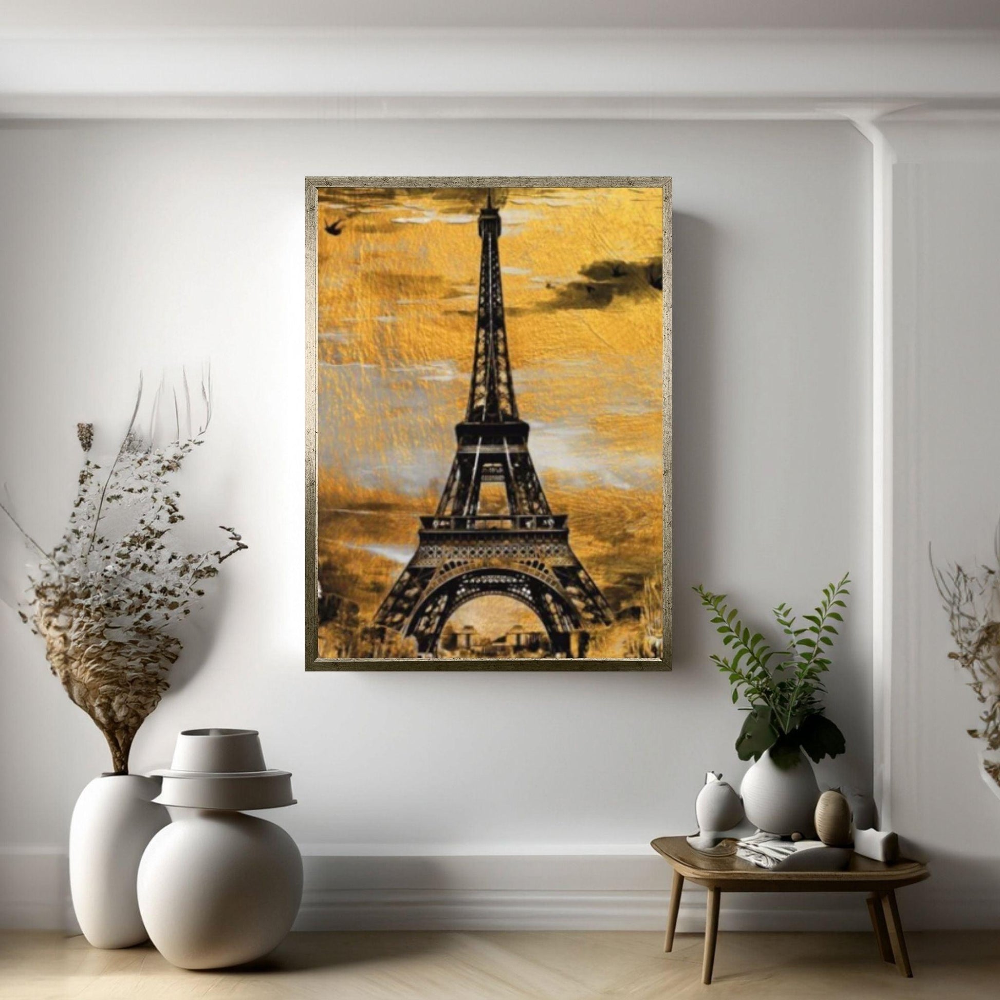 Gold Black Canvas Wall Art, Gold Black Abstract Canvas, Love in Paris Canvas, Eiffel Tower Art - Y Canvas