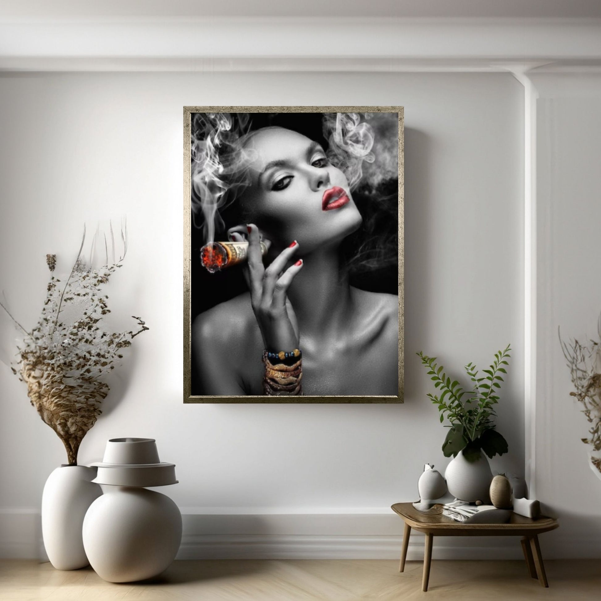 Woman Smoking Cigar Canvas, Smoking Girl Poster, Dollar Cigar Poster Art, Woman with Red Lipstick Wall Decor - Y Canvas