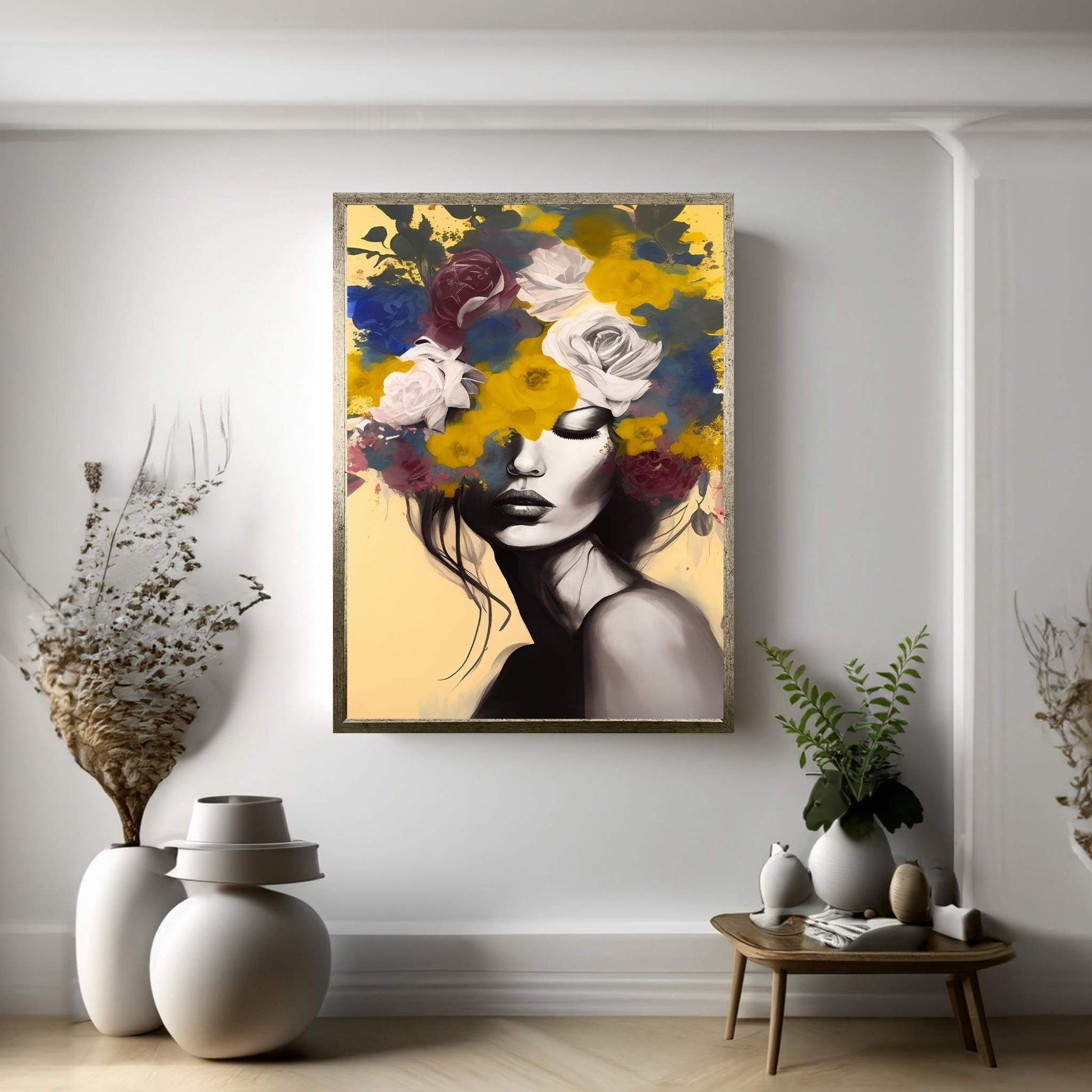 Woman Portrait Flower Head Canvas Wall Art - Y Canvas