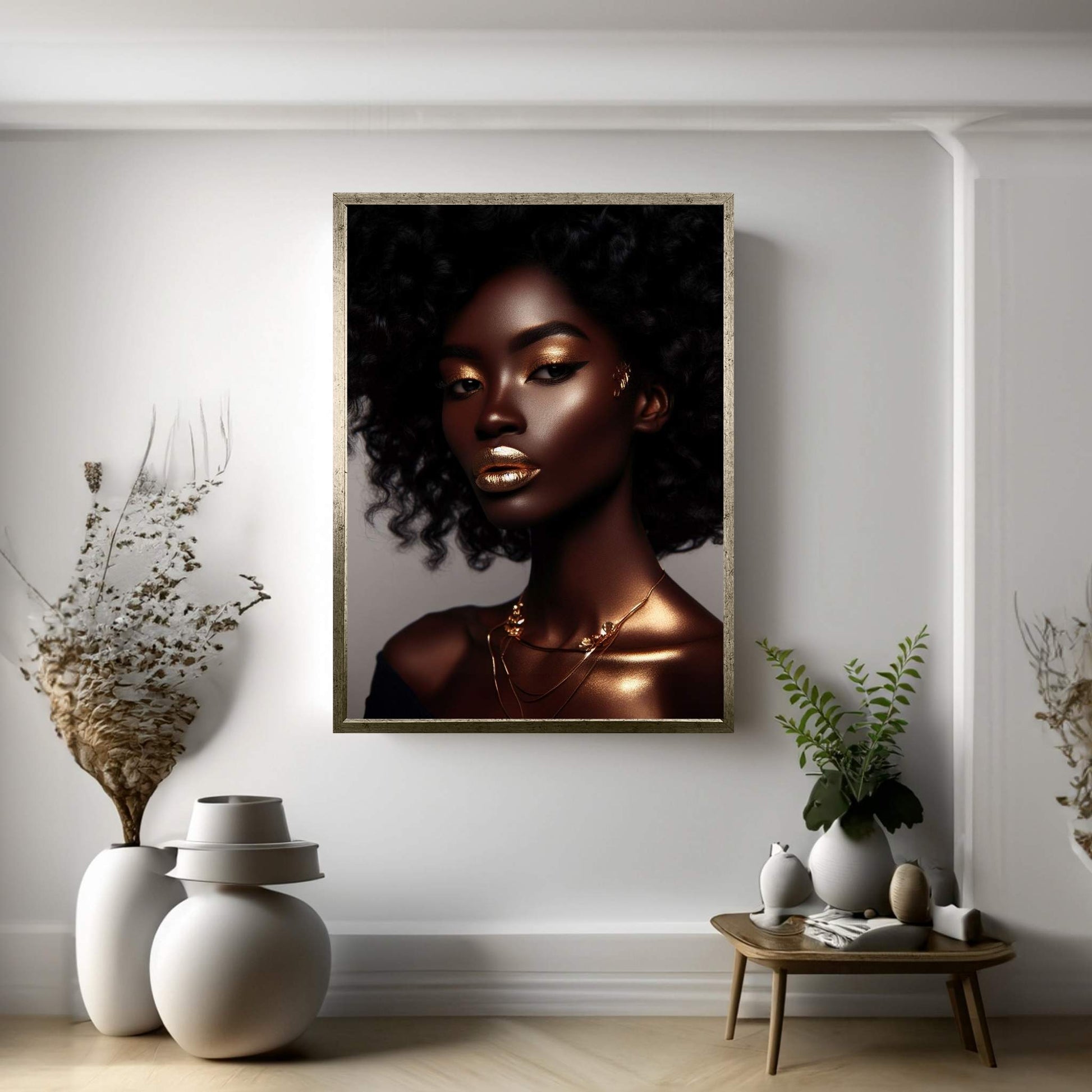 African Black Woman Gold Make-up Canvas Portrait Canvas Wall Art - Y Canvas