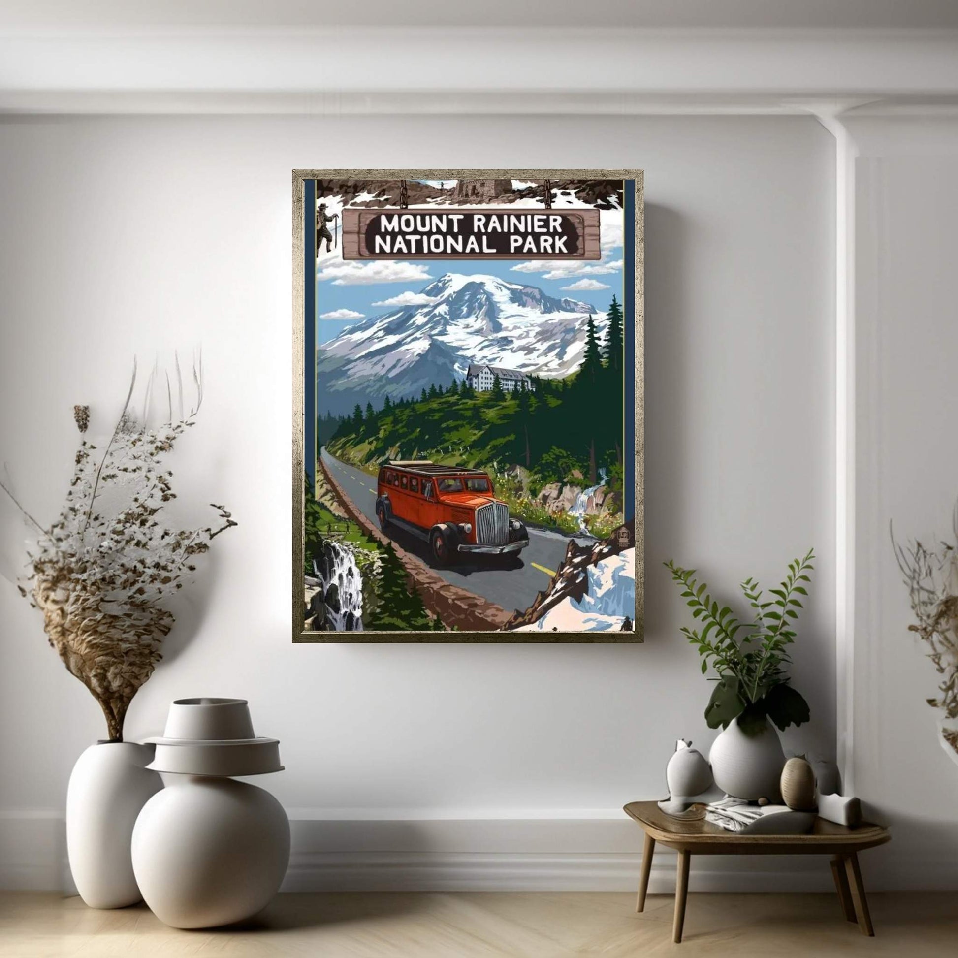 Mount Rainier National Park (Historic Red Bus) Canvas Wall Art - Y Canvas