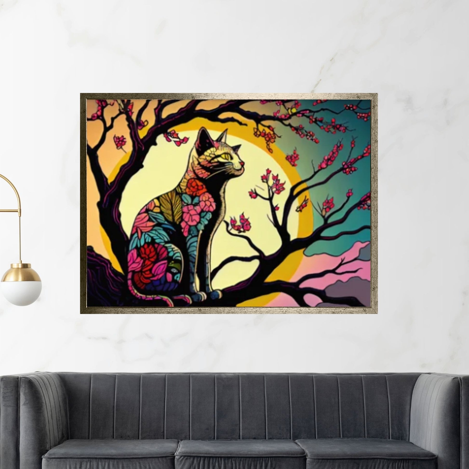 Cat Animal Canvas - Rainbow Cat- Japanese Cherry Tree - Picasso Style - Y Canvas