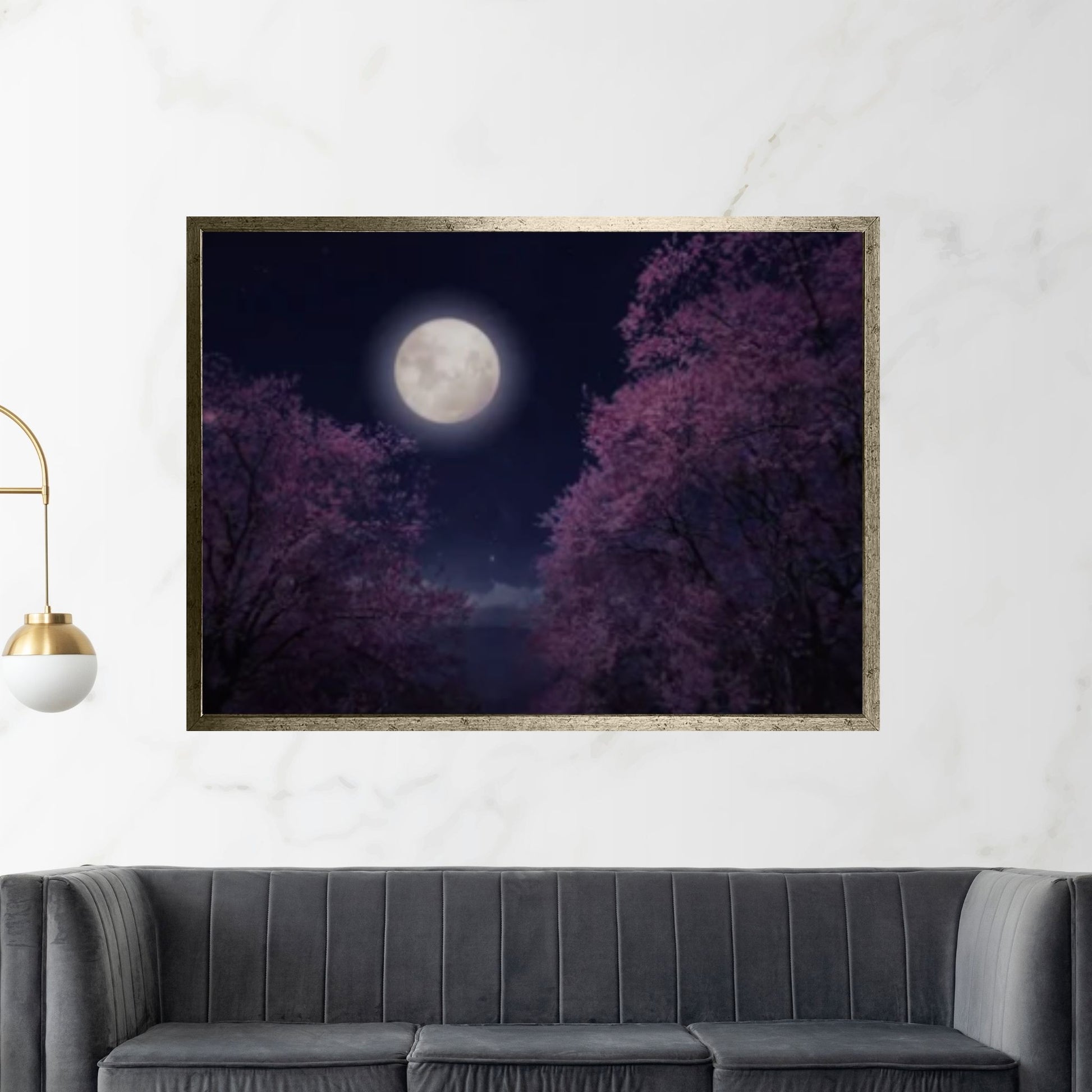 Moon over the Sea, Cherry Tree Blossoms Painting Print on Canvas - Y Canvas