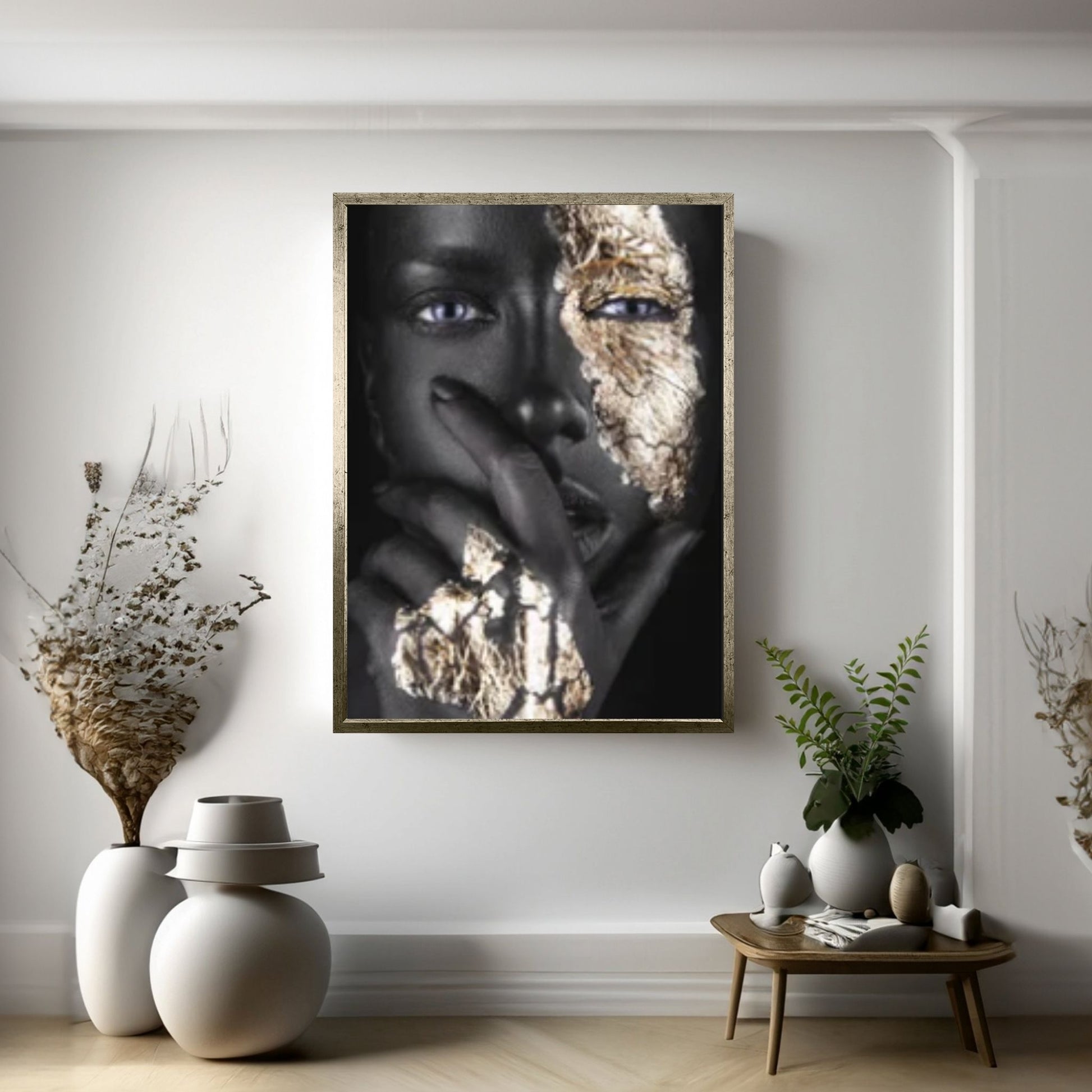 African Art Wall Decor, African Woman Makeup Wall Art, Abstract Canvas Art, Modern Gold Lips Wall Art - Y Canvas