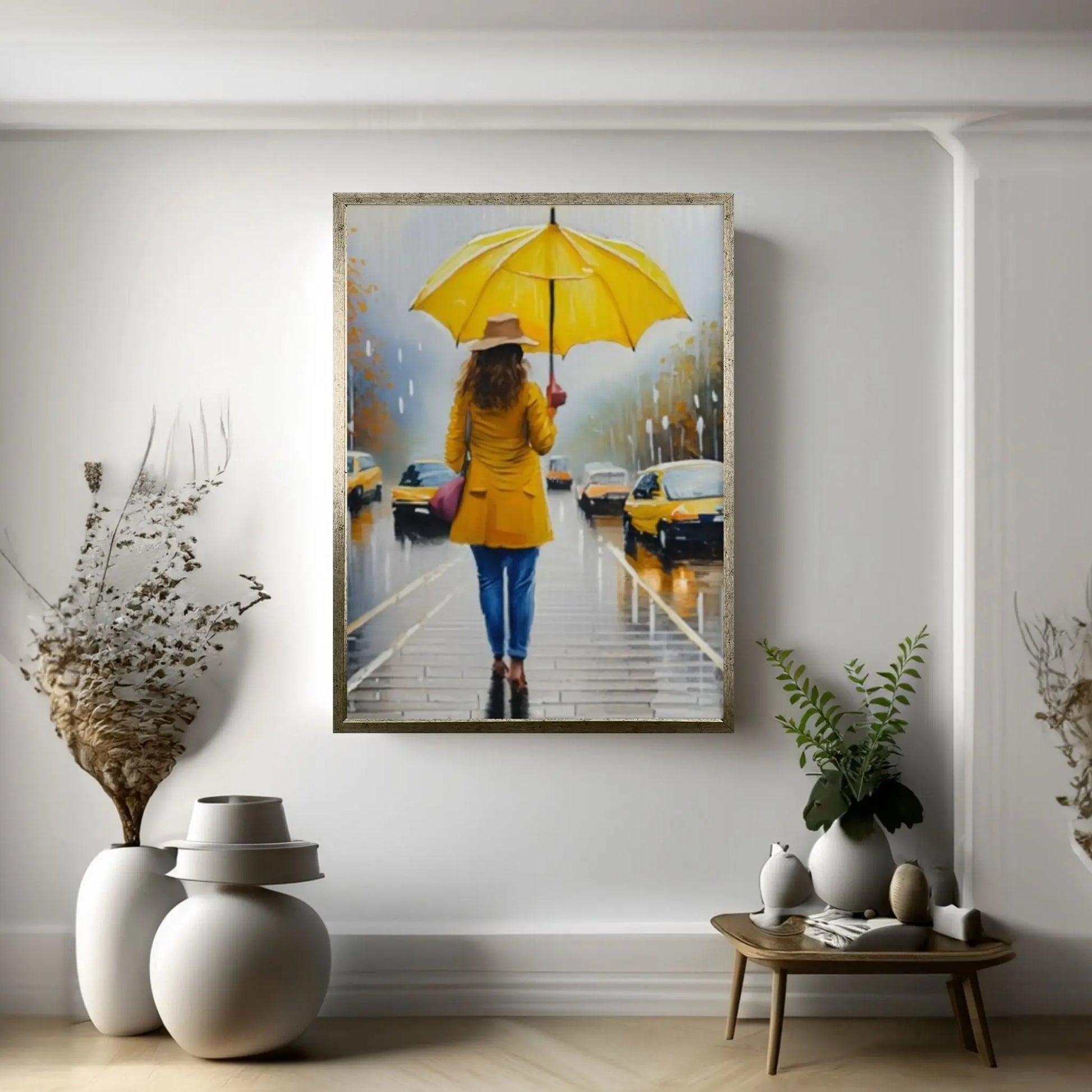 Yellow Color People Umbrella Canvas WAll Art Home Decor Poster Print - Y Canvas