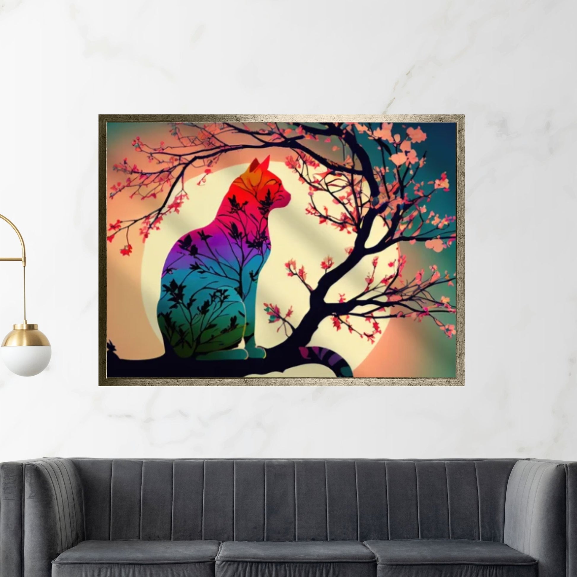 Cat Animal Canvas - Rainbow Cat- Japanese Cherry Tree - Picasso Style - Y Canvas