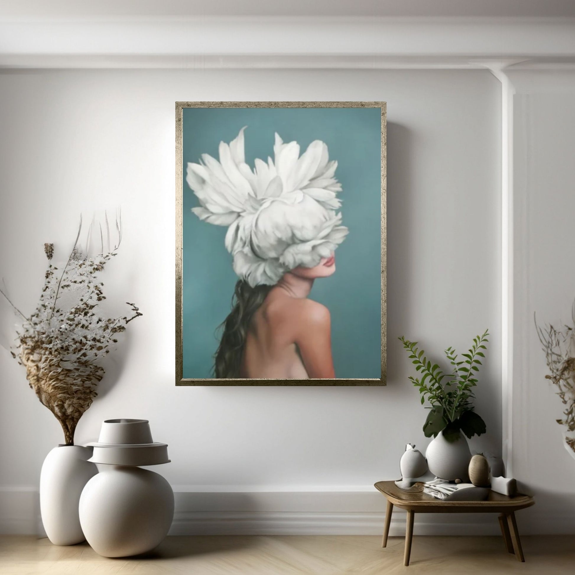 White Floral Woman Canvas Art, Blue Bird And Woman Wall Art, Woman with Flower and Bird Head, Flowers - Y Canvas