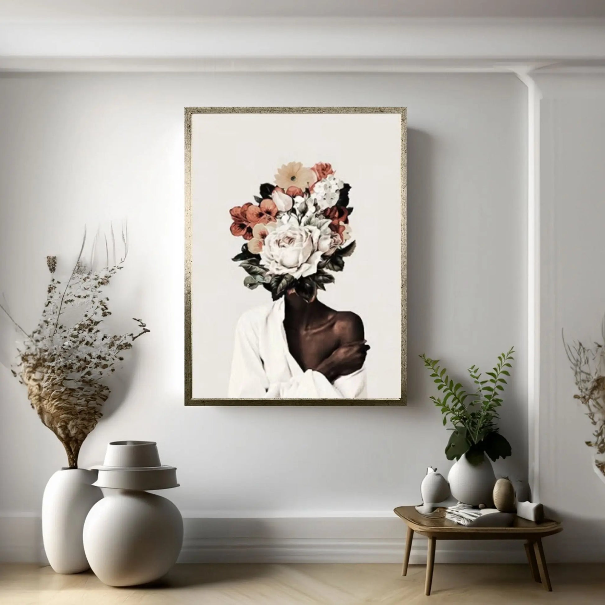 Black woman head flowers Canvas wall art,Black art, Girl Flowers Poster - Y Canvas