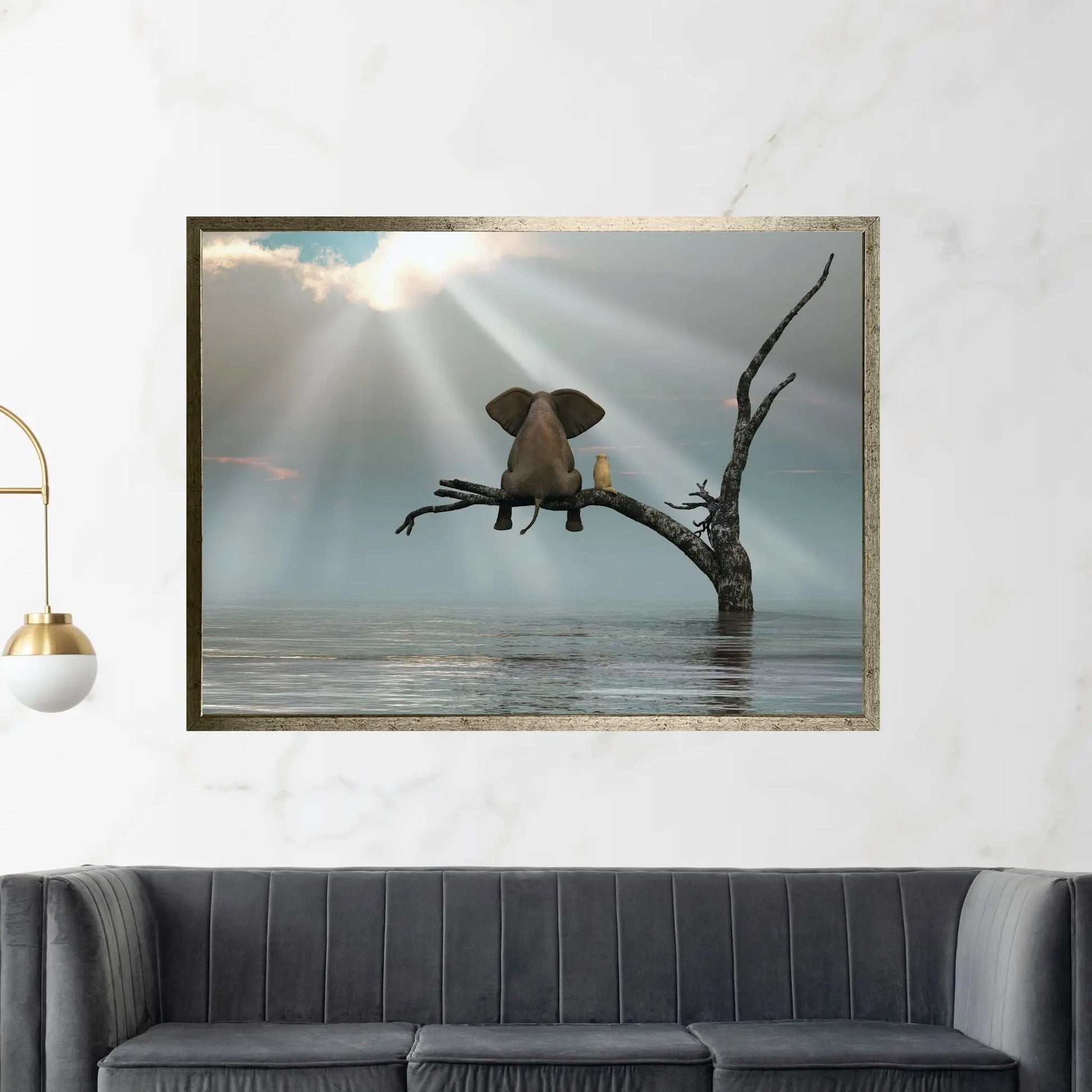 Elephant And Dog Are Sitting On A Tree Fleeing A Flood Canvas Wall Art - Y Canvas