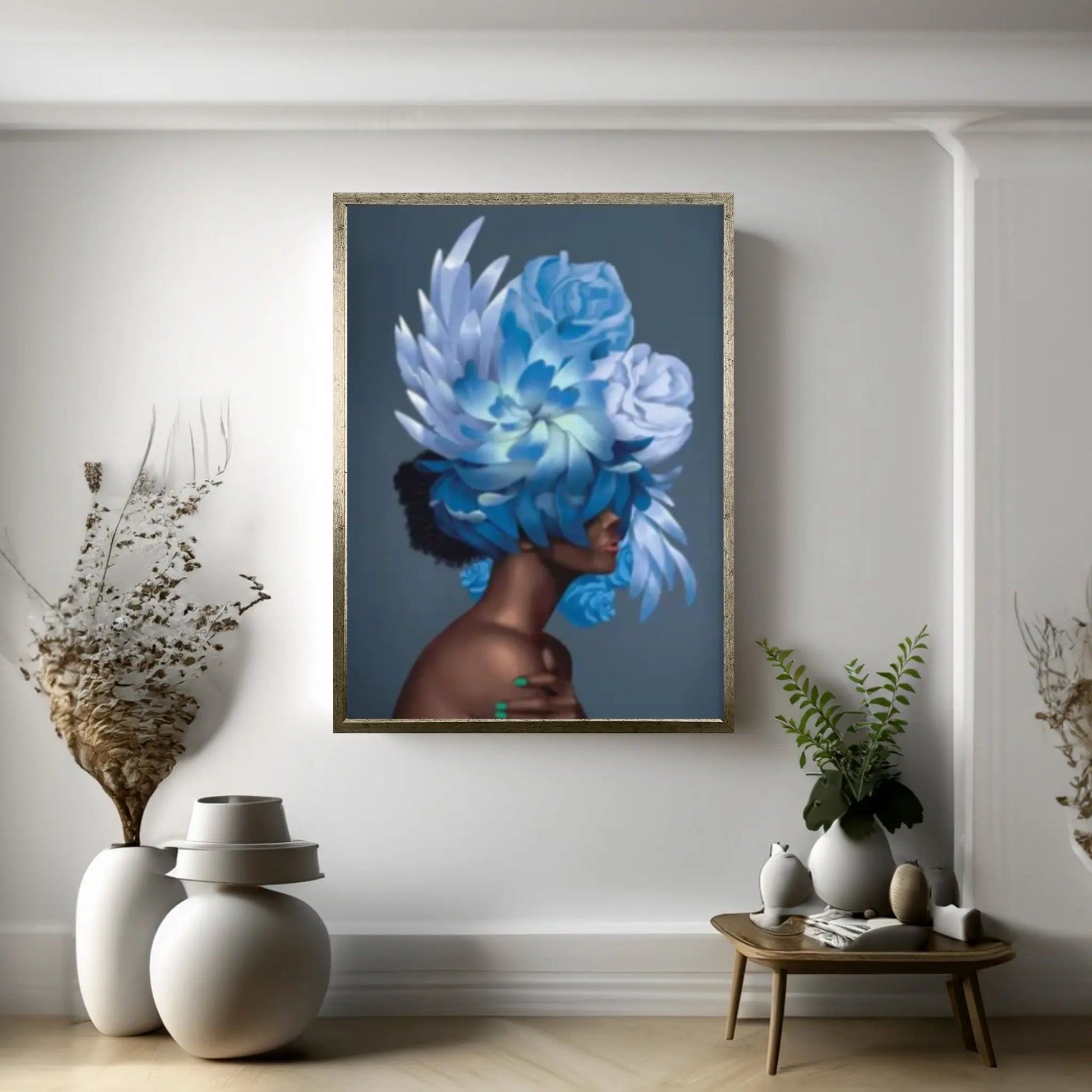 Flowers Feathers Woman With Flower Abstract Canvas Painting Wall Art Decorative Painting - Y Canvas