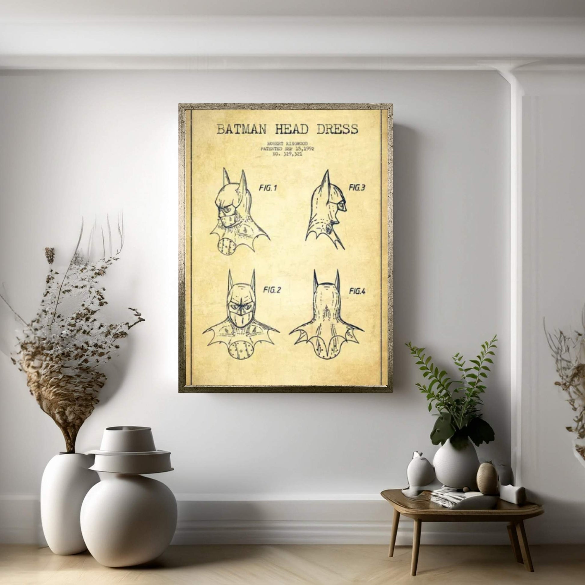 Robert Ringwood Batman Head Dress Patent Sketch (Vintage) Canvas Wall Art - Y Canvas