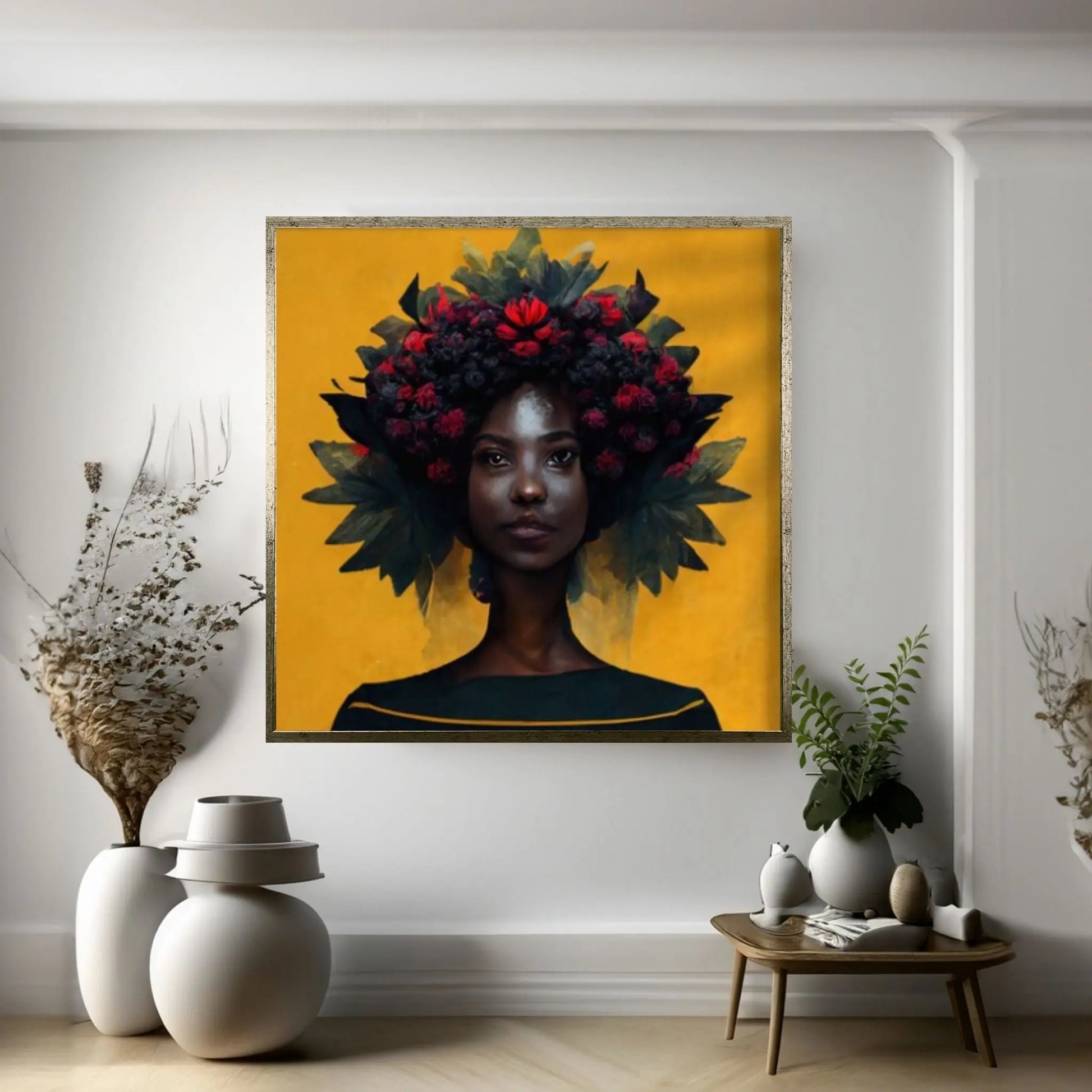 Black woman head flowers Canvas wall art,Black art, Black girl print, flower woman painting, Girl Flowers Poster - Y Canvas