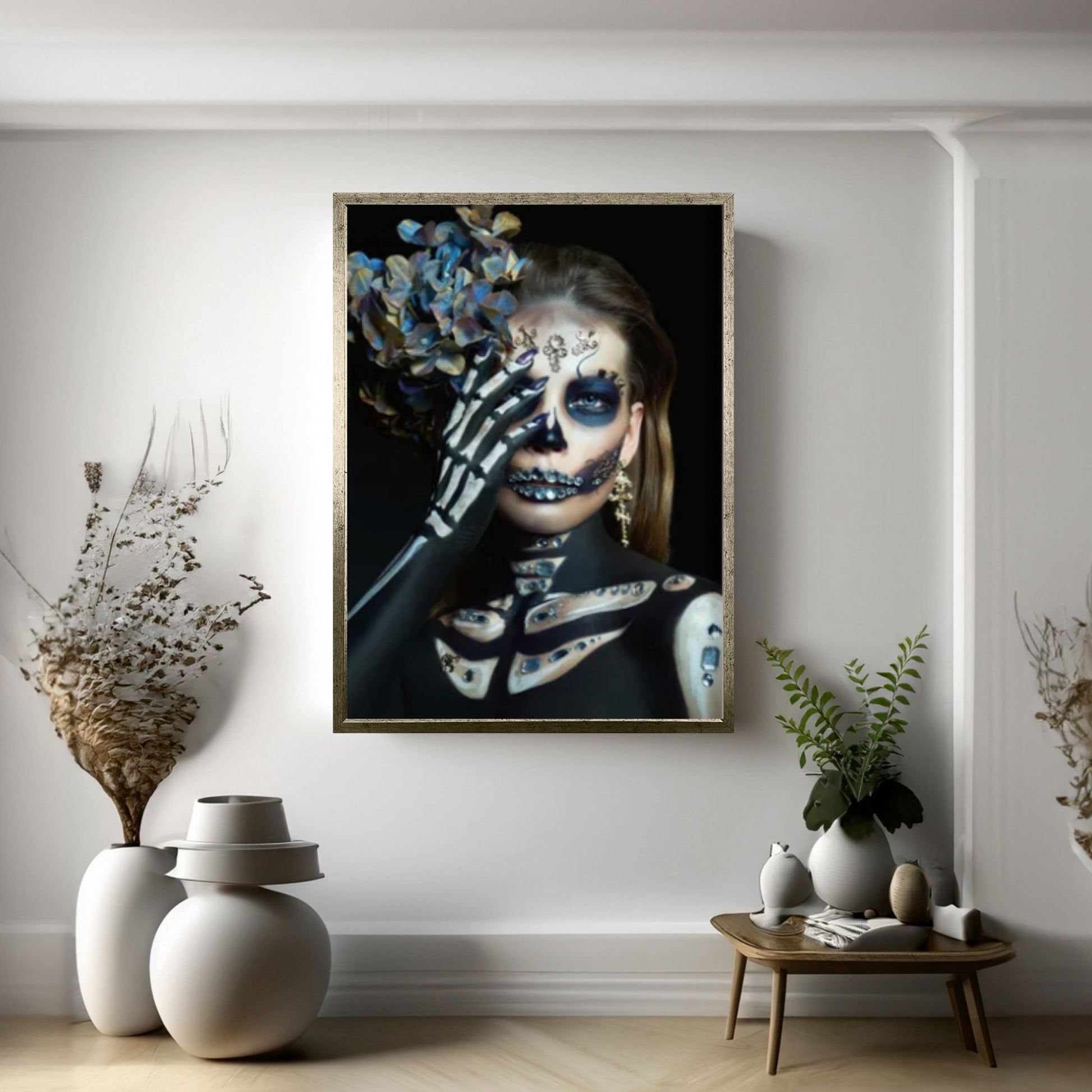 Thoughtful Skeleton Skull Woman Halloween Canvas - Y Canvas