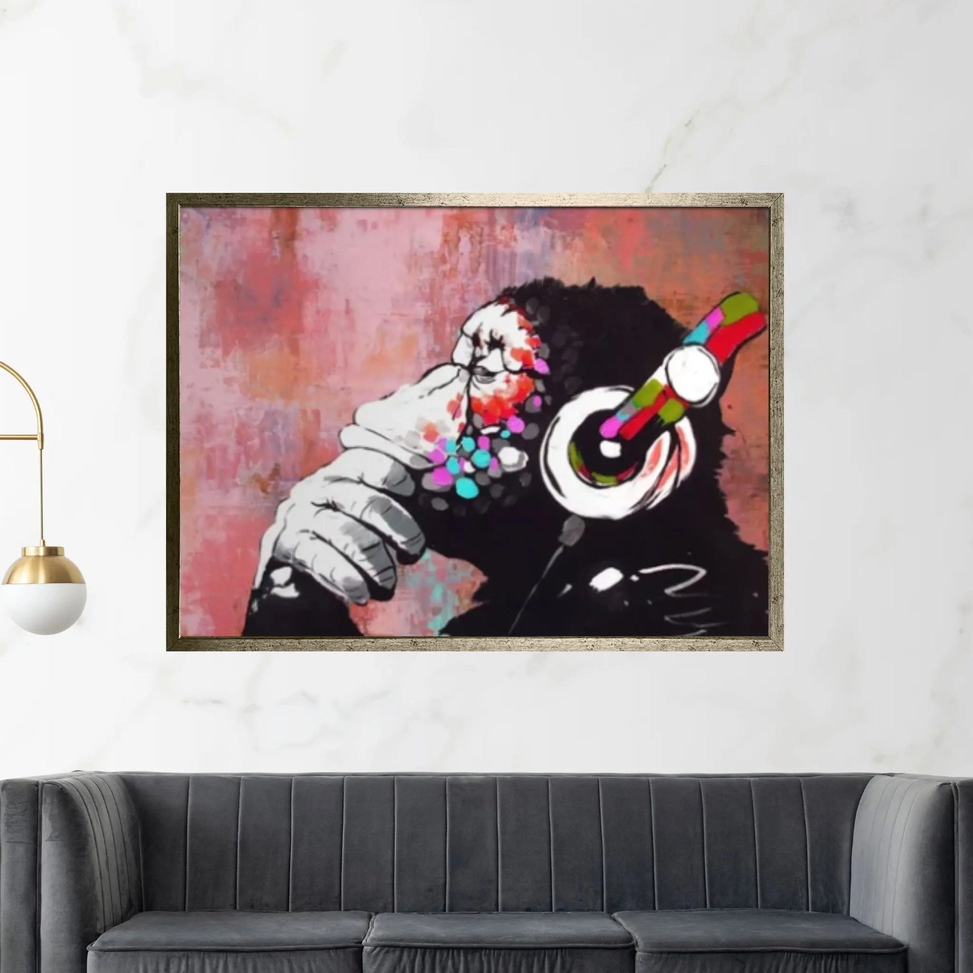 Monkey Headphones Canvas Wall Art, Thinking Monkey DJ, Banksy Monkey - Y Canvas