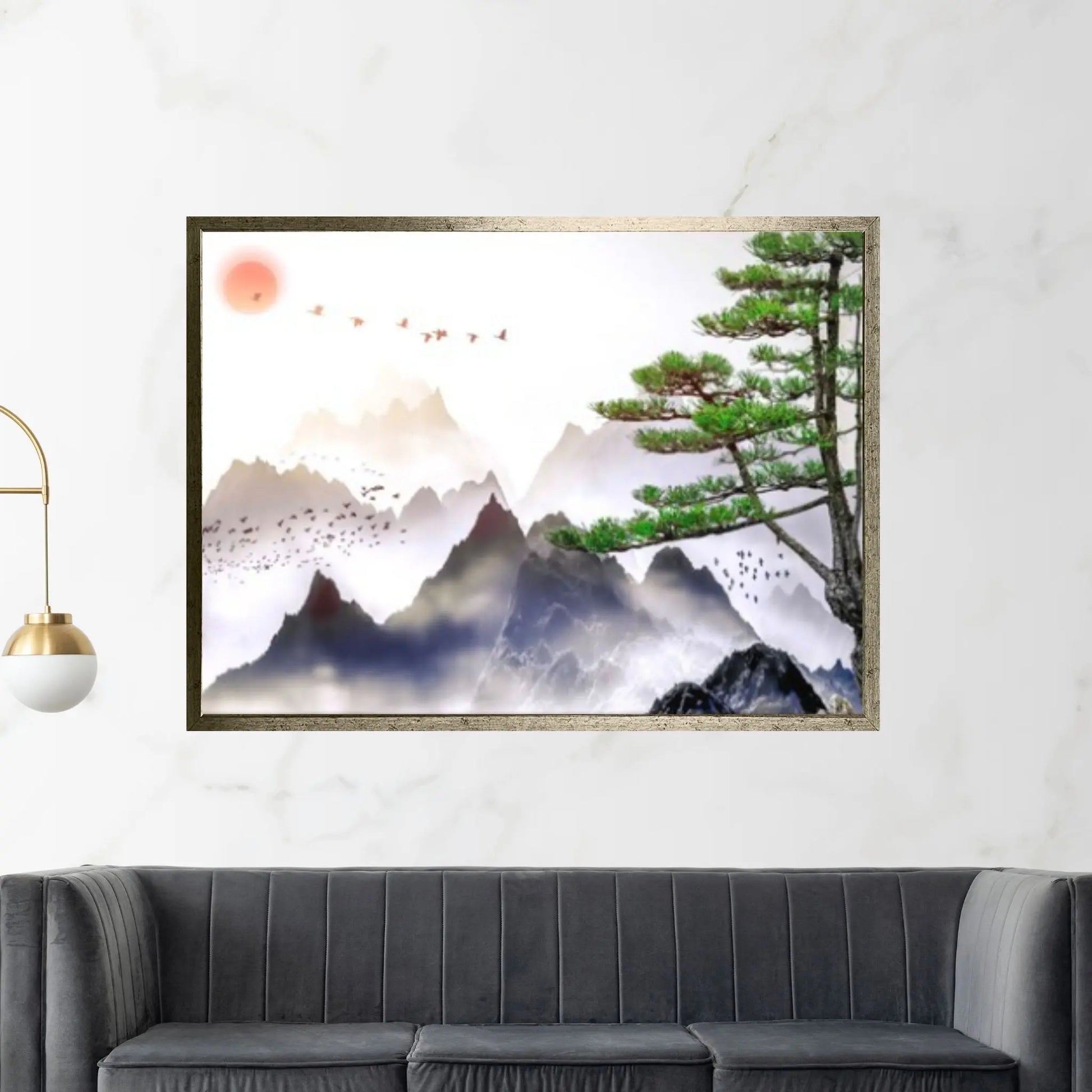 Japanese Landscape Painting of Pine Trees Canvas Wall Art, Distant Mountains, Cloud and Sunrise - Y Canvas