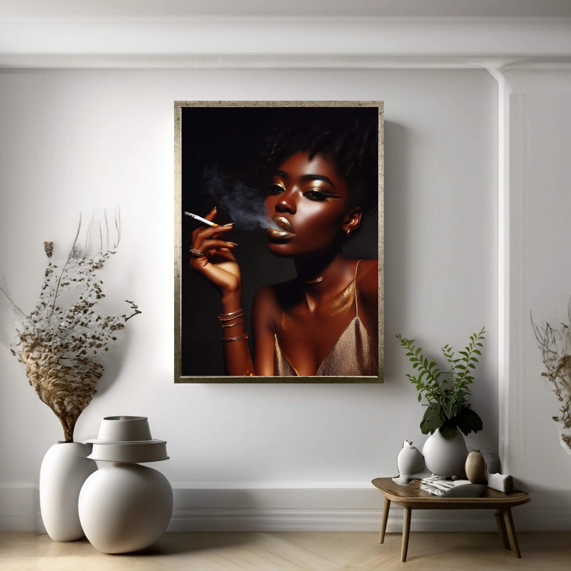 African Black Woman Gold Make-up Smoke Canvas Portrait Canvas Wall Art - Y Canvas