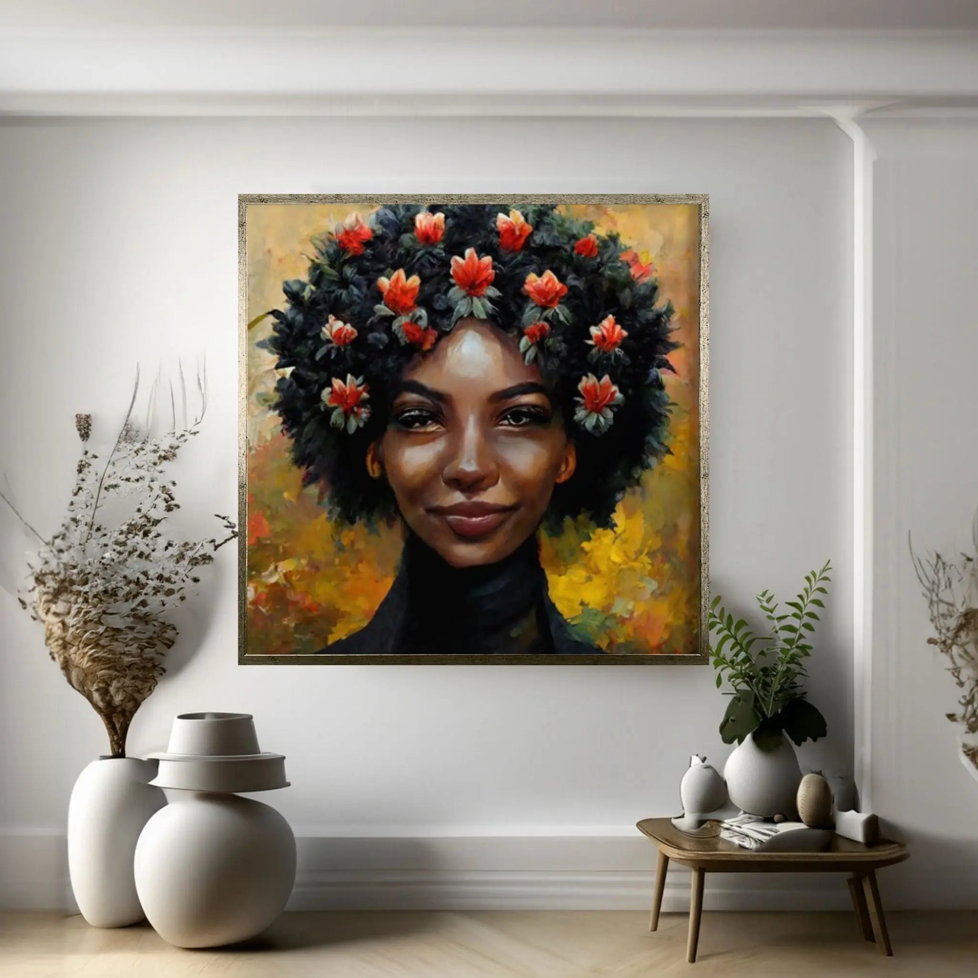 Black woman head flowers Canvas wall art,Black art, Black girl print, flower woman painting, Girl Flowers Poster - Y Canvas