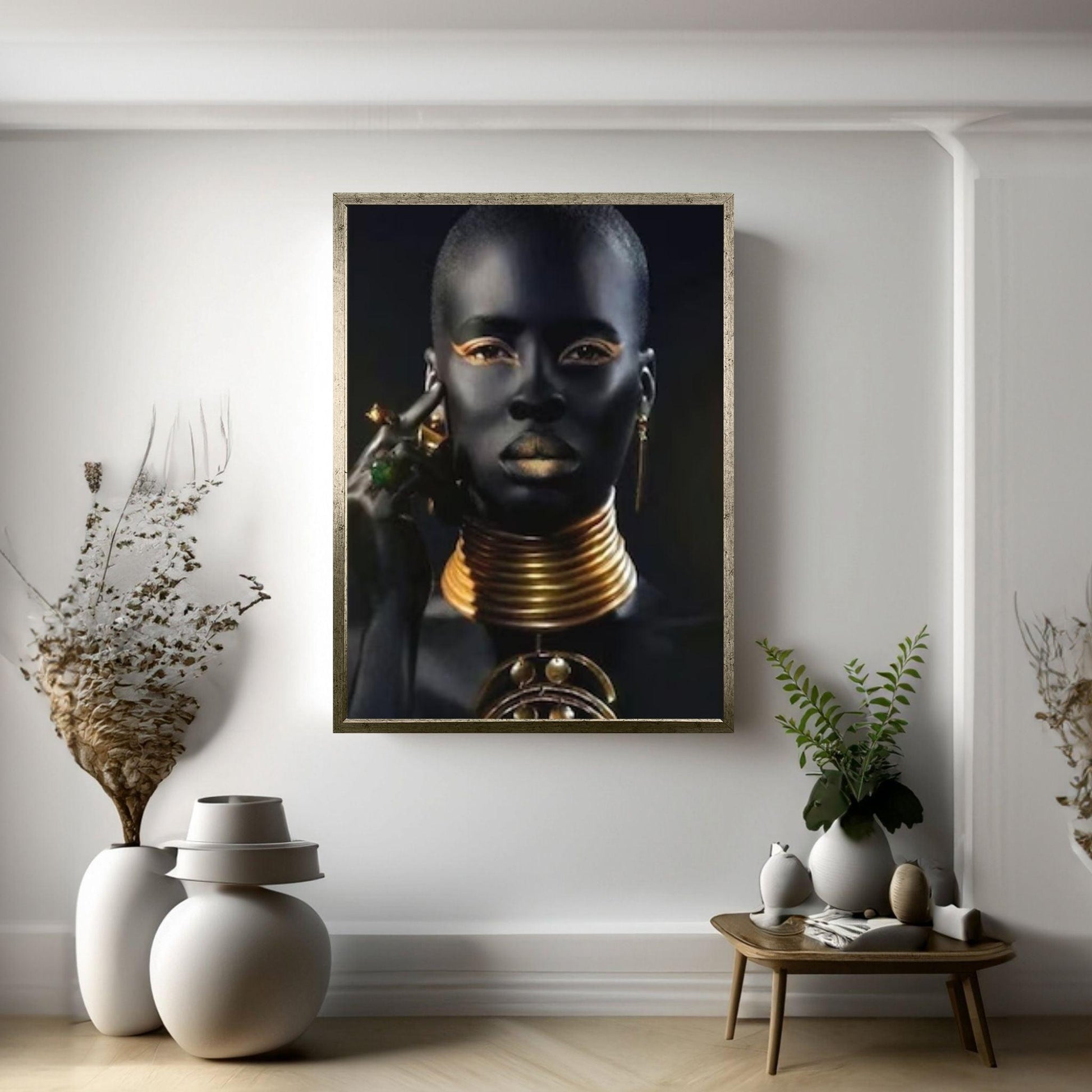 African Woman, Modern Wall Art, Golden Make-Up Woman Print on Canvas Wall Art - Y Canvas