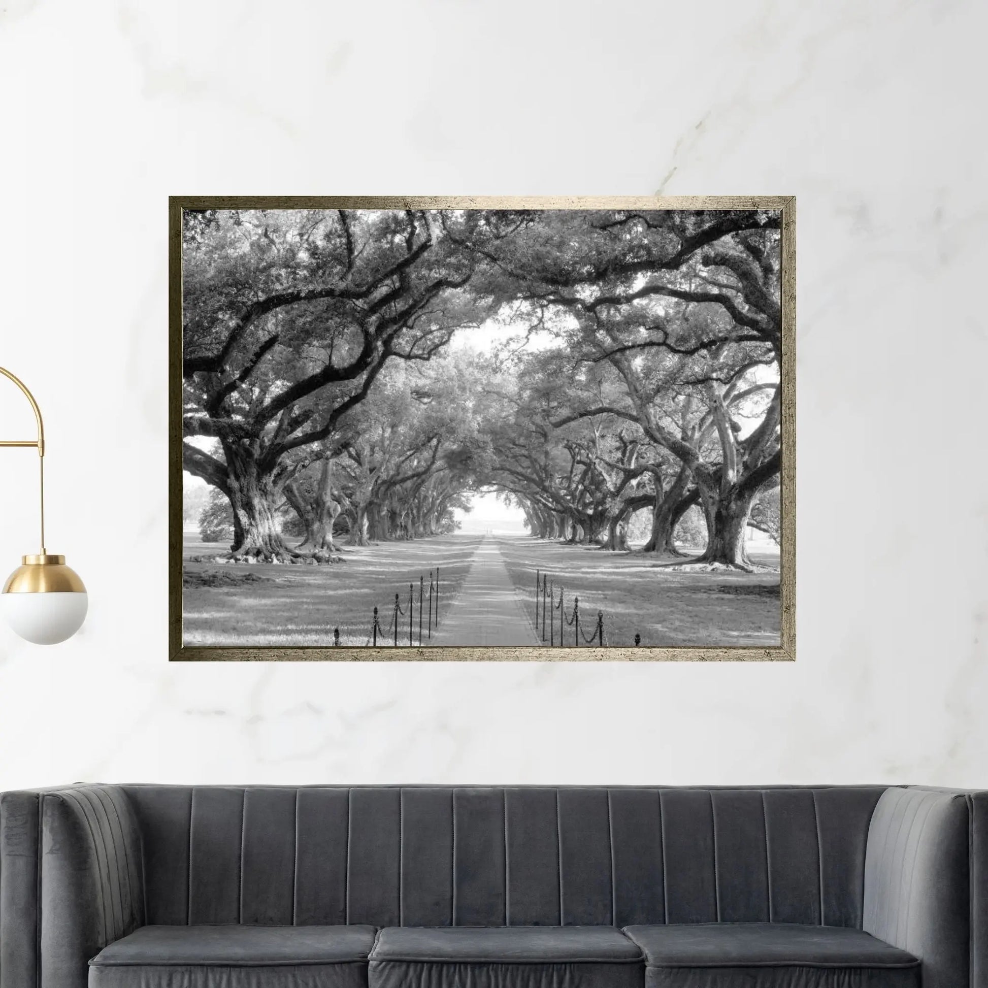 Brick Path Through Alley Of Oak Trees, Louisiana, New Orleans, USA (Black And White) I Canvas Wall Art - Y Canvas