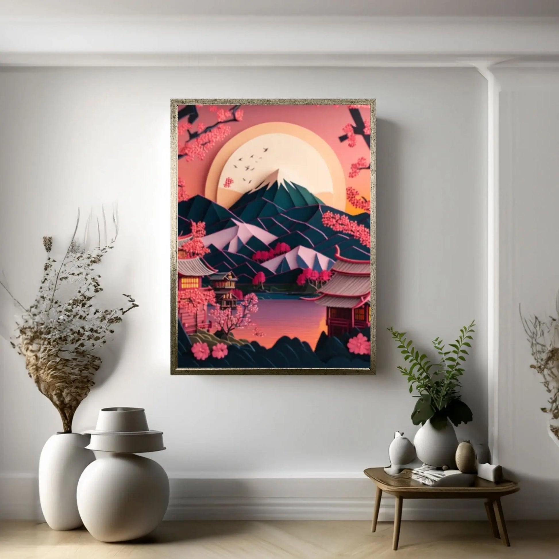 Japanese Landscape Painting of Pine Trees Canvas Wall Art, Distant Mountains - Y Canvas