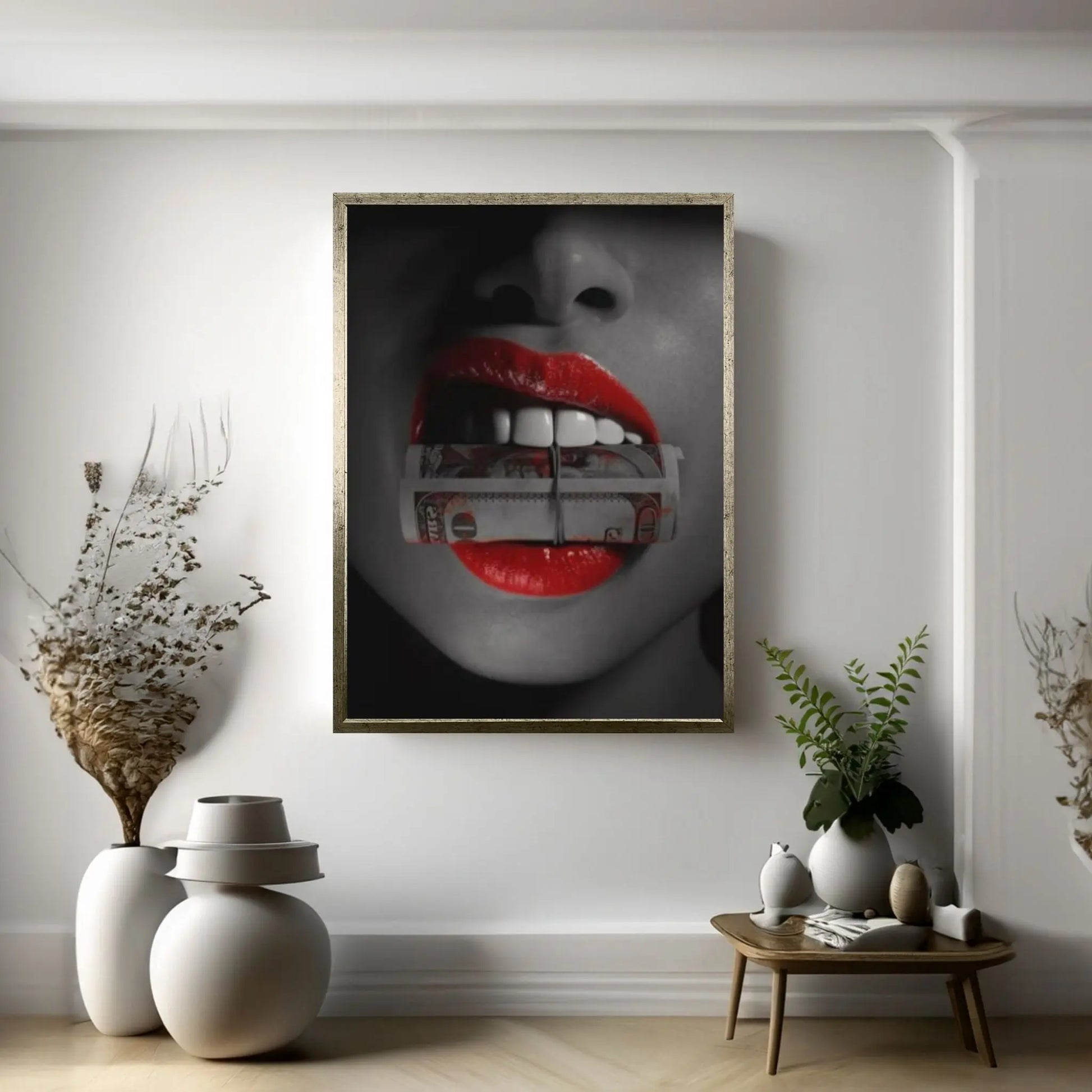 Red Lip Sexy Woman Holding Money In Her Mouth Canvas Wall Art - Y Canvas