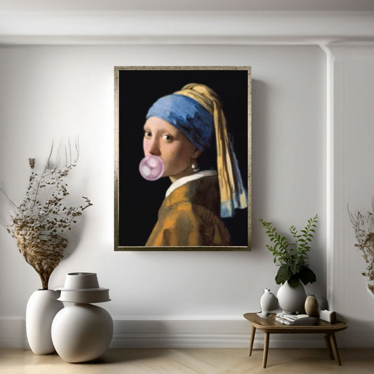 Girl with a Pearl Earring and bubble gum Canvas Wall Art, Johannes Vermeer Exhibition Canvas - Y Canvas