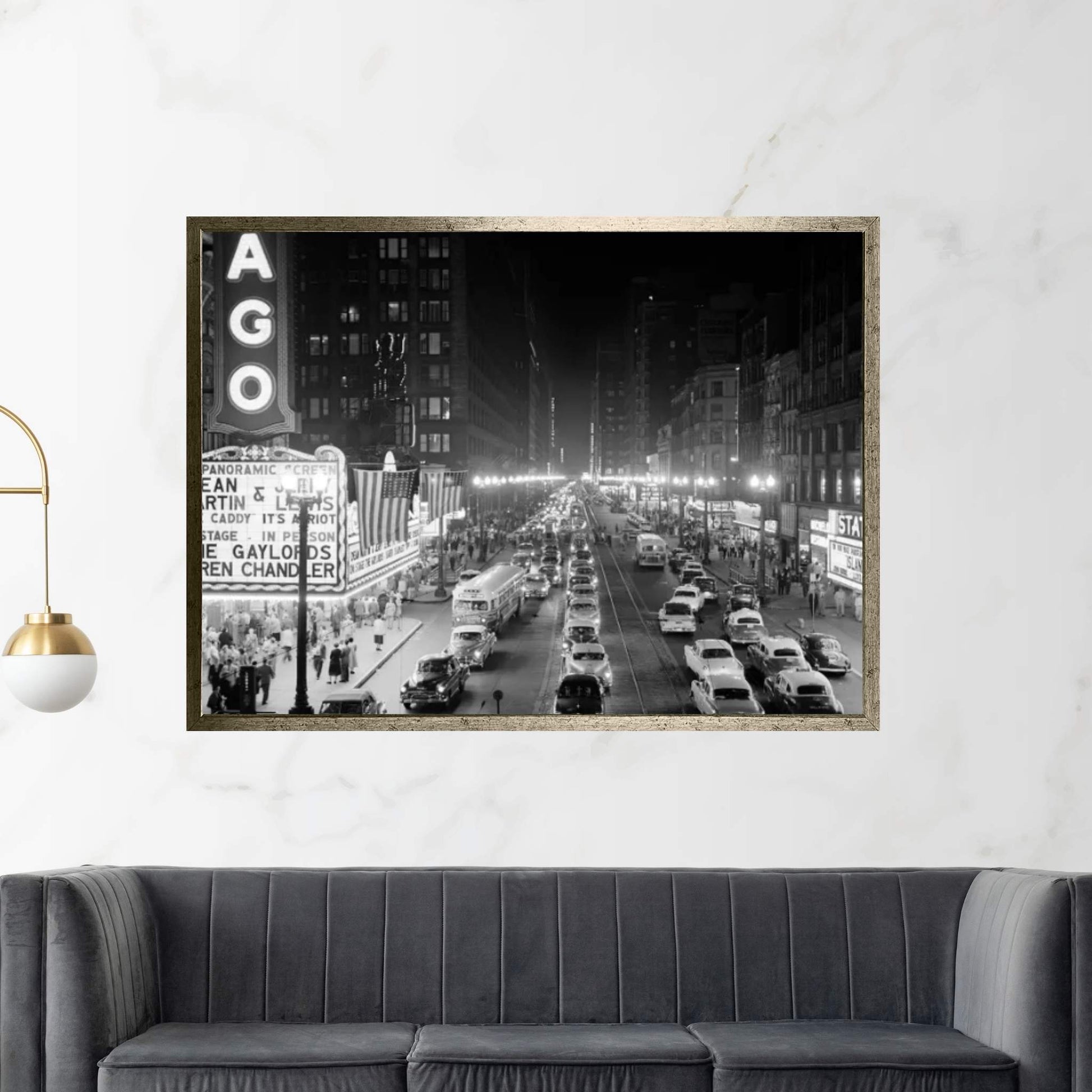 1953 Night Scene Of Chicago State Street With Traffic And Movie Marquee With Pedestrians On The Sidewalks Canvas Wall Art - Y Canvas