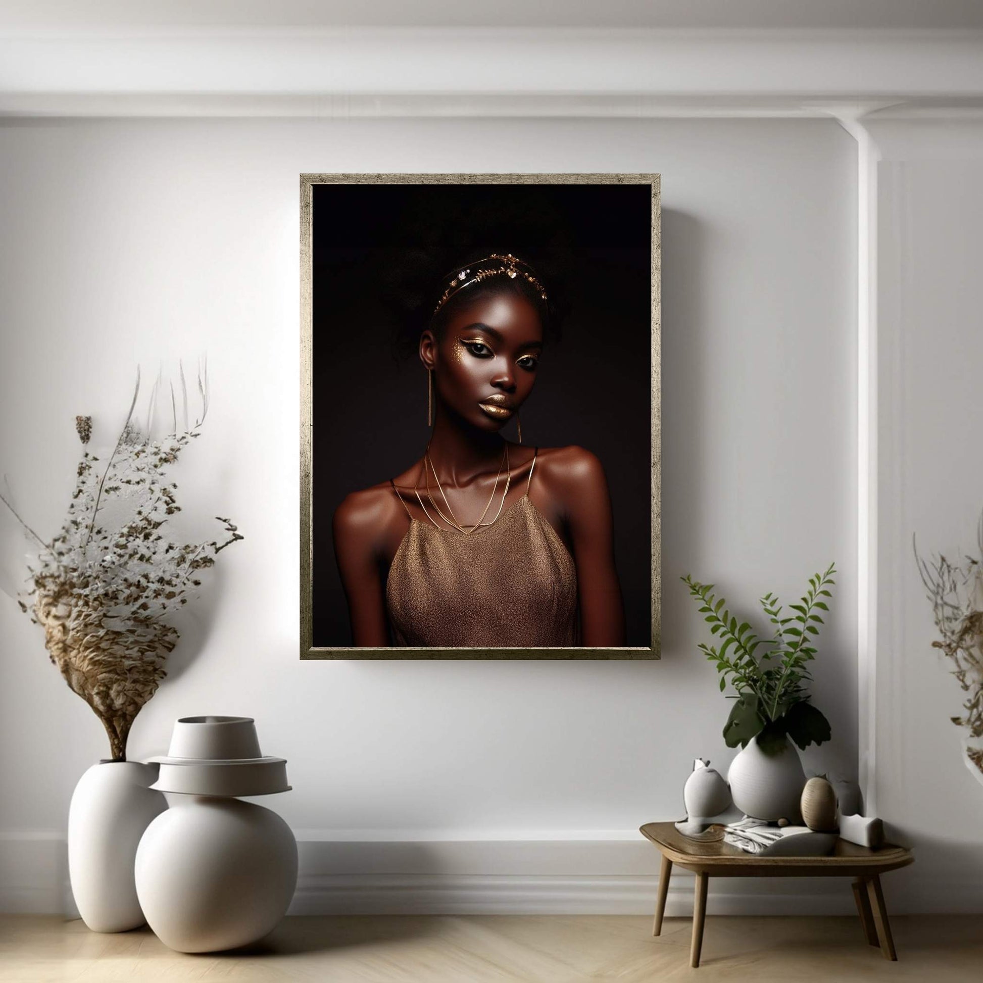 African Black Woman Gold Make-up Canvas Portrait Canvas Wall Art - Y Canvas