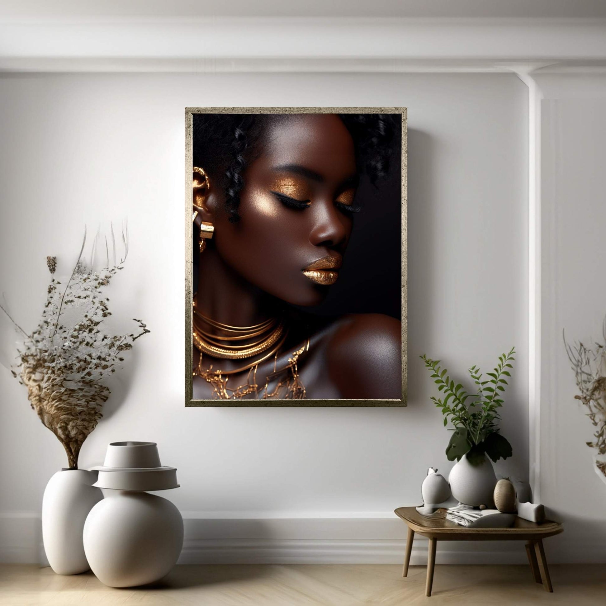 African Black Woman Gold Make-up Canvas Portrait Canvas Wall Art - Y Canvas