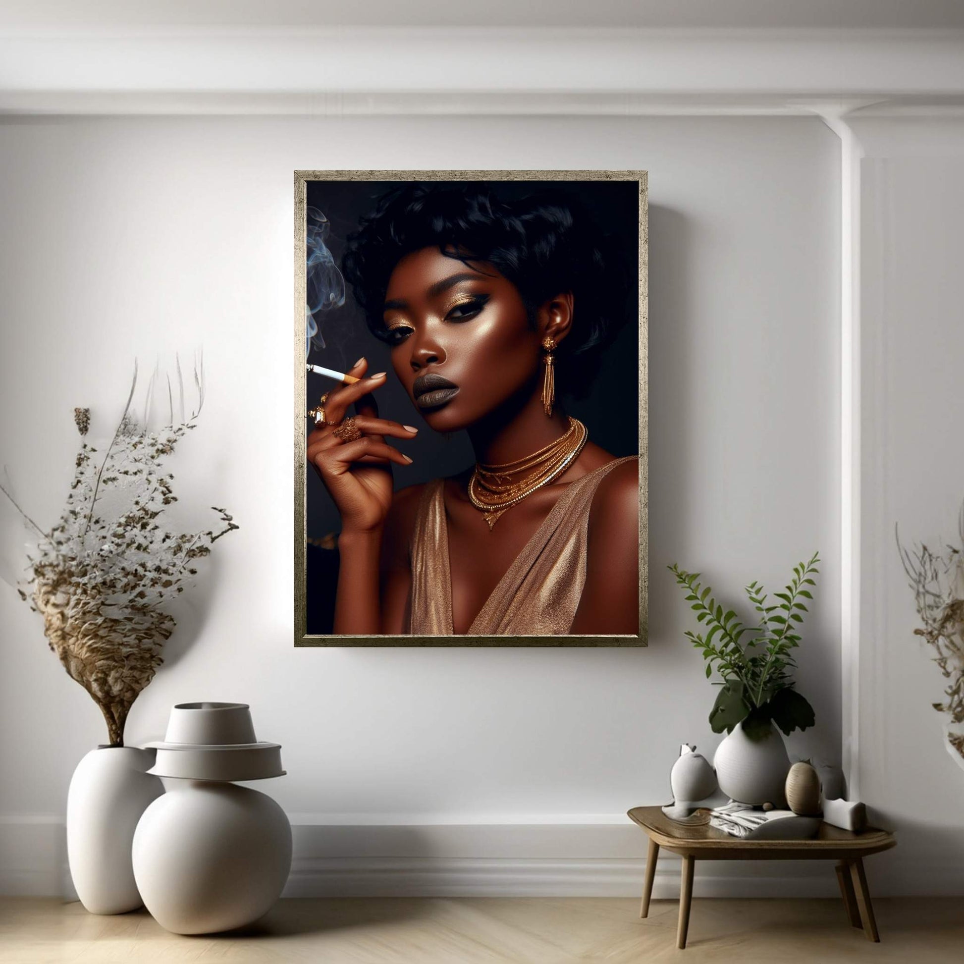 African Black Woman Gold Make-up Smoke Canvas Portrait Canvas Wall Art - Y Canvas