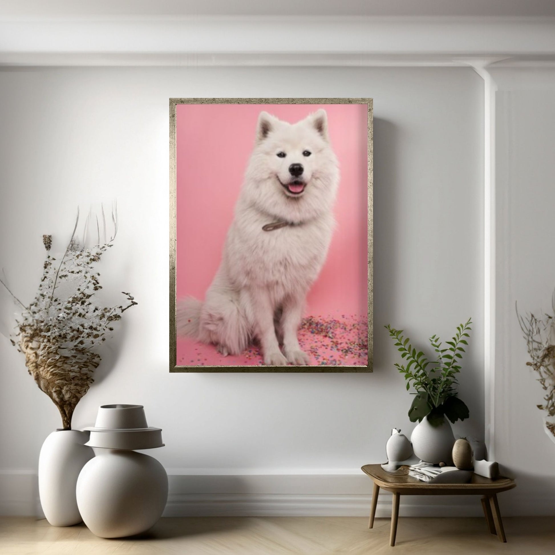 White Long Coat Dog Canvas Print Wall Art Fanny Retro Vintage Art - Y Canvas